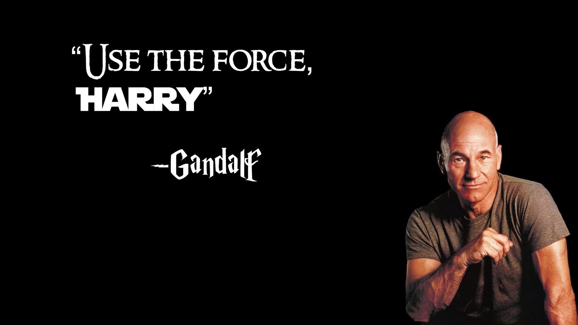 Actor Patrick Stewart, famous for playing the role of Captain Jean-Luc Picard in the Star Trek franchise with text "Use the Force, Harry" -Gandalf. Each in a mix of fonts that definitely do NOT correspond to the words in each franchise.