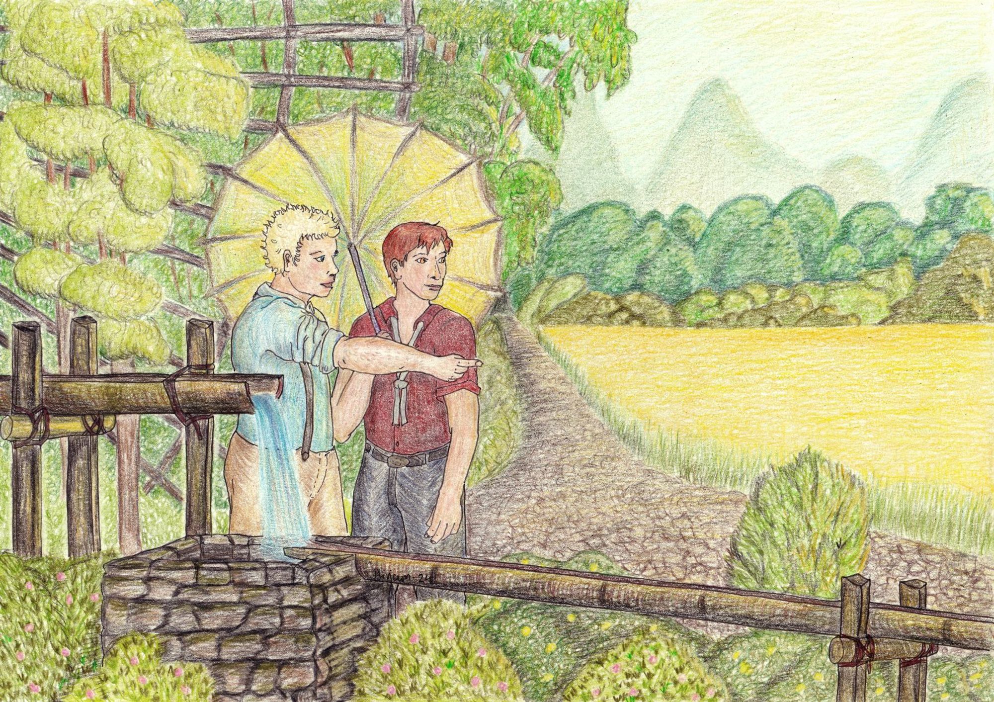 A colour pencil drawing of Aziraphale and Crowley standing  in front of a water aqueduct system made of bamboo pipes. Aziraphale is pointing at the right, to the direction where the water flows. Crowley has a parasol, and he's looking at the same direction. There's a landscape of chinese countryside behind the couple.