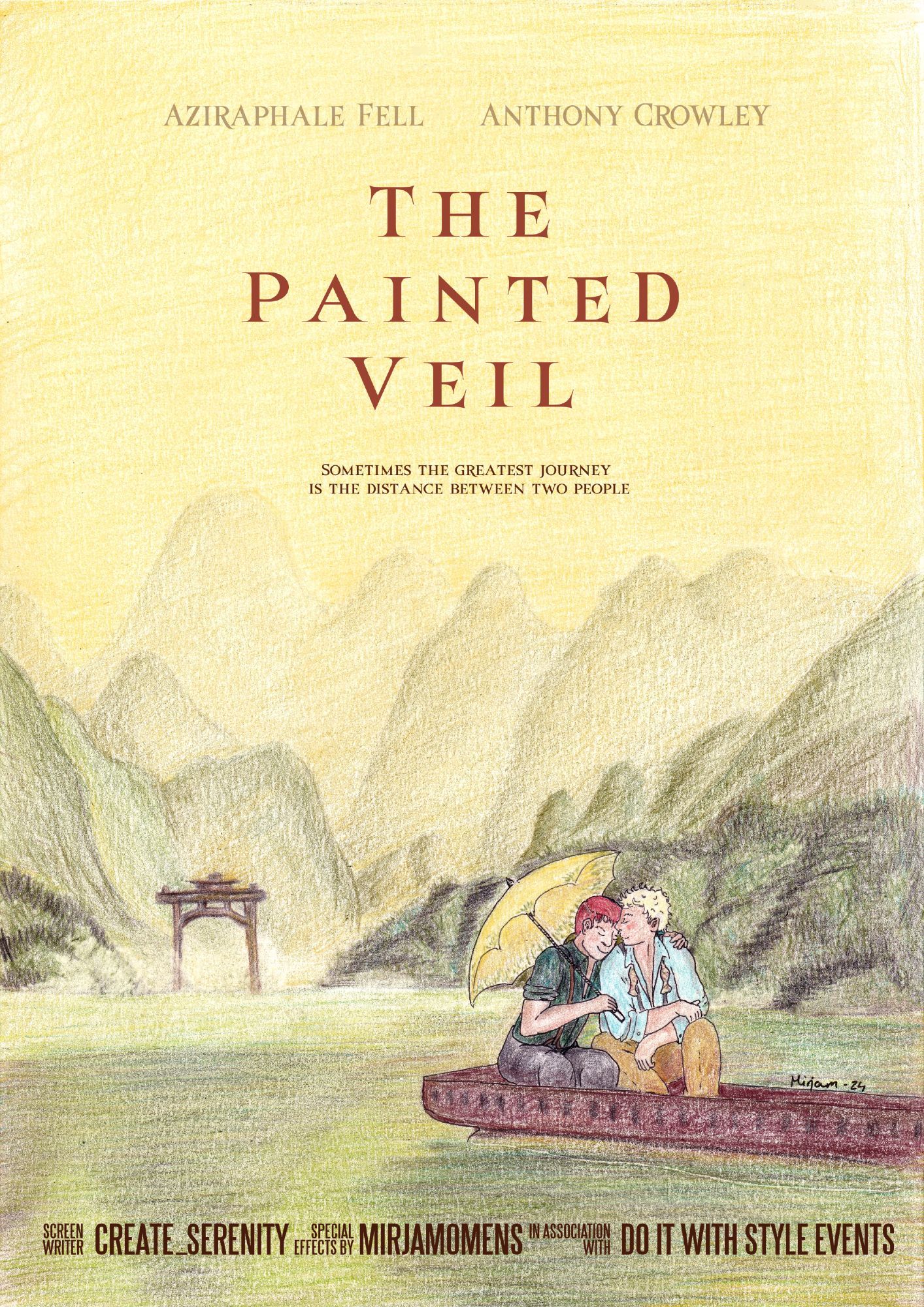 A movie poster with text "The Painted Veil" and "Sometimes the greatest journey is the distance between two people." The poster is yellowish colour pencil work of a chinese landscape, and Aziraphale and Crowley siting on a boat under a parasol, and holding each other.