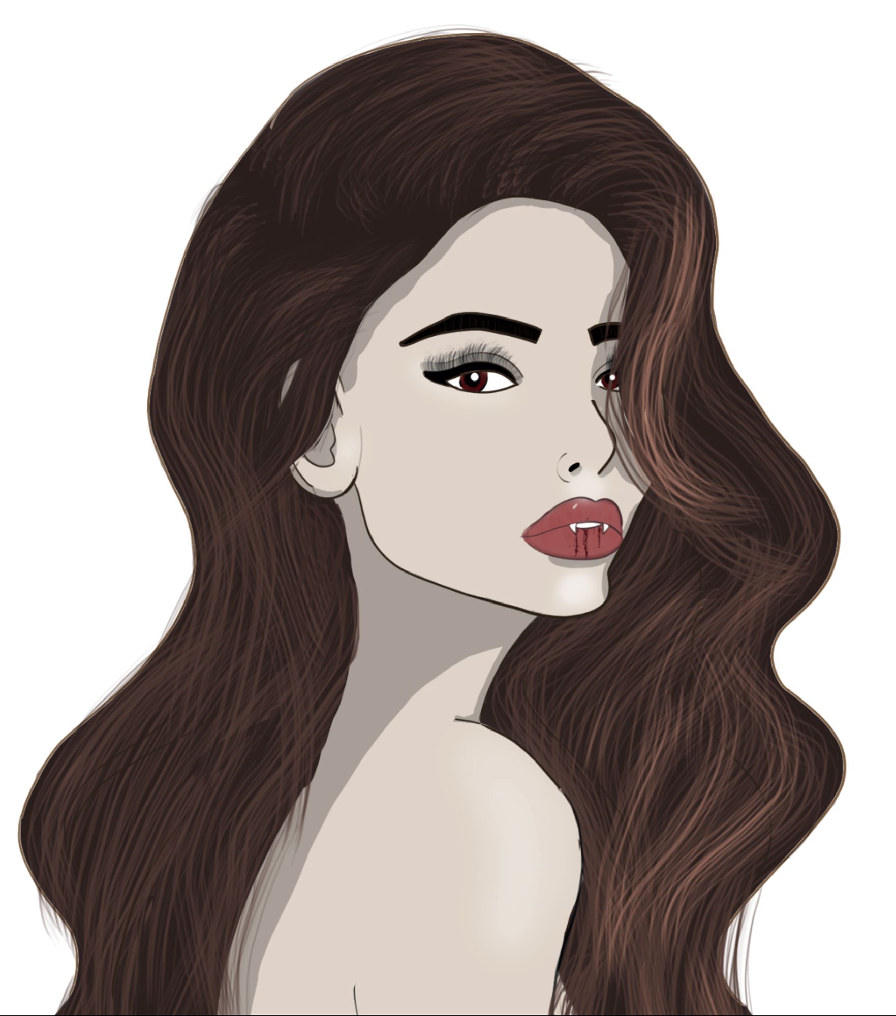 A vampire woman, long hair, brunette, fangs out slightly, some attempts at shading and positioning. She's supposed to be looking over her shoulder at the viewer.