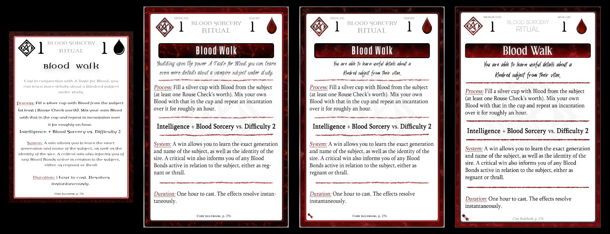 Four different cards depicting the Ritual power of Blood Walk from the roleplaying game Vampire the Masquerade fifth edition.