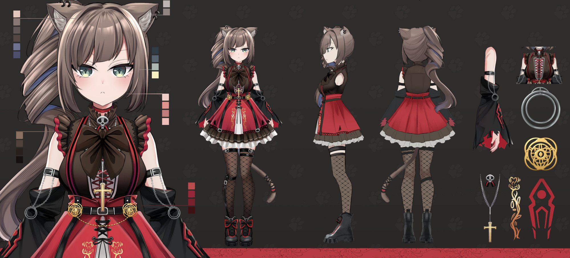 A reference sheet for catgirl type vtuber with light ash-brown hair and wearing black and red dress in cute gothic/punk rock style. 