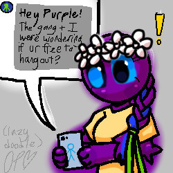 Purple sees a message from Green saying “Hey Purple! The gang and I were wondering if you’re free to hangout?”