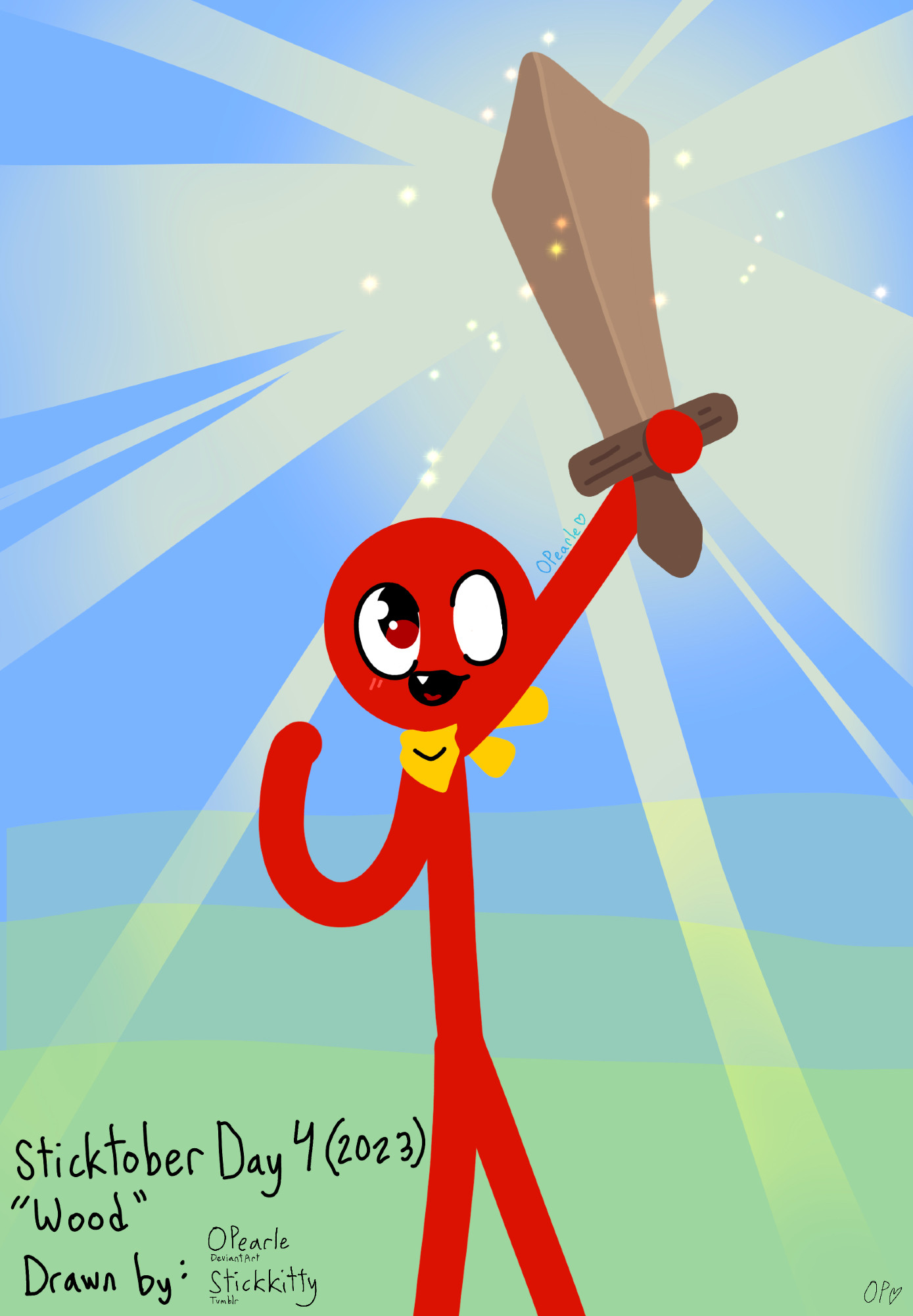 Red holds a Minecraft wooden sword up high, happy.