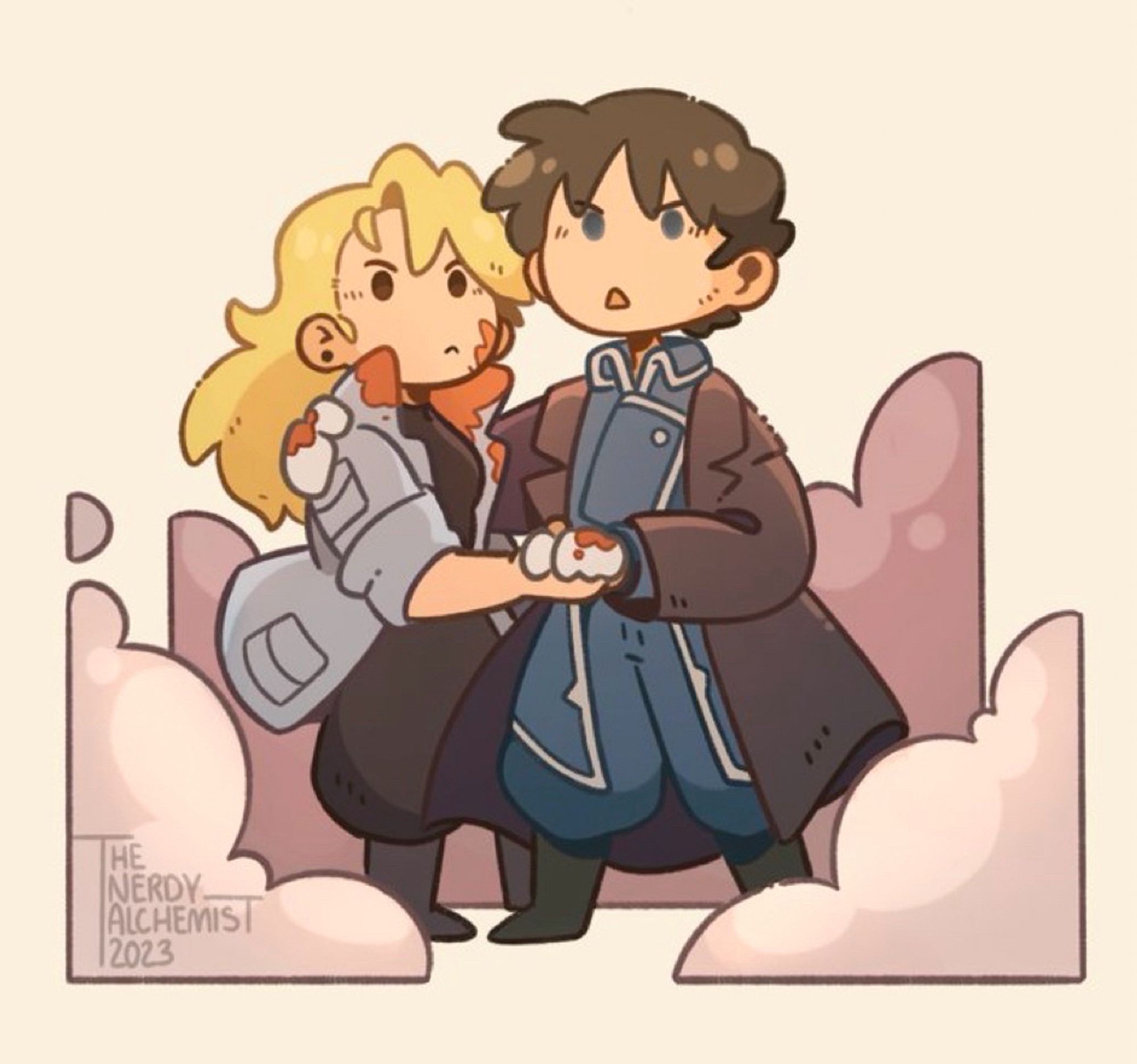 Roy Mustang and Riza Hawkeye holding each other like during the final fight on the promised day. Drawn in a simplistic chibi style