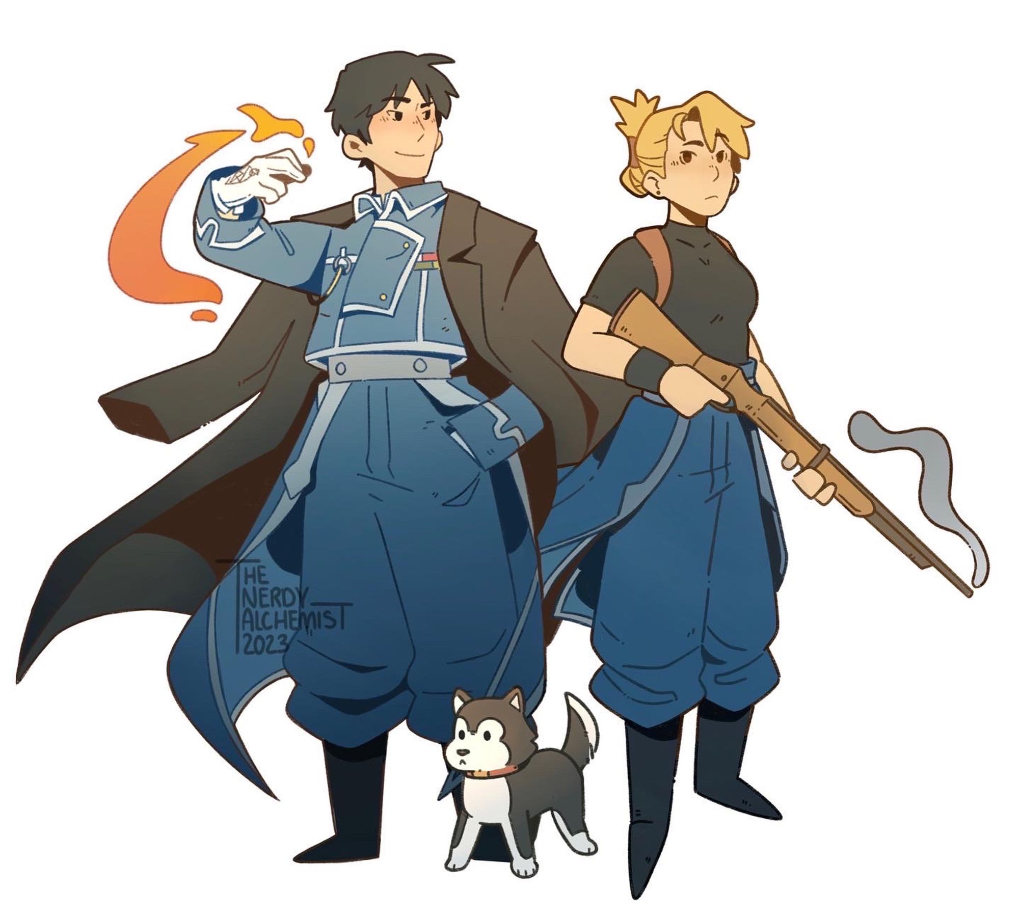 Illustration of the characters Roy Mustang and Riza Hawkeye from Fullmetal Alchemist. They are standing back to back with a small puppy in between them. Flames are coming from Roys hand. Riza has her gun and smoke is coming out of the barrel.