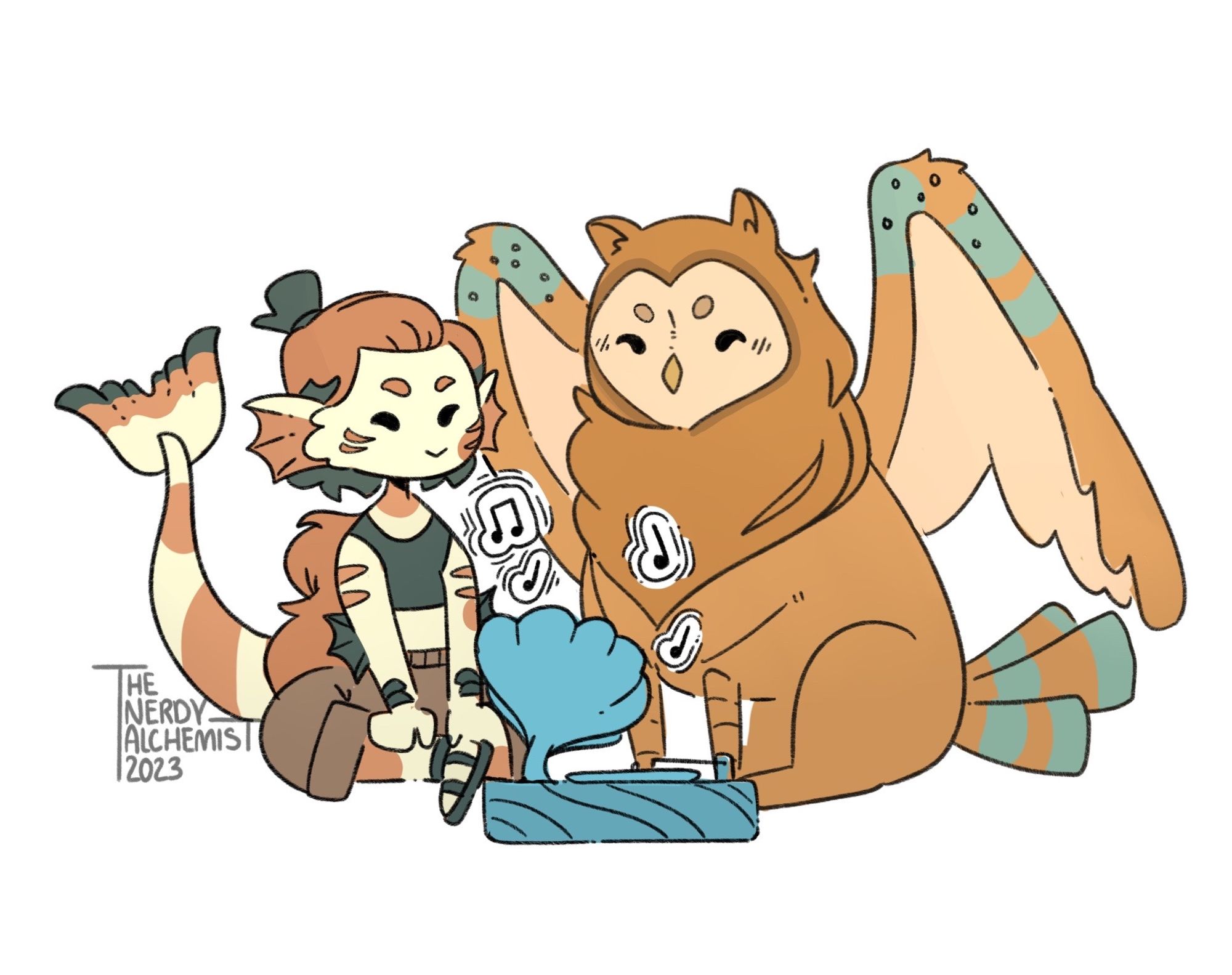 Drawing of a koi colored sea creature named Mythri and a owl griffin named Hatch sitting down and enjoying some music. 