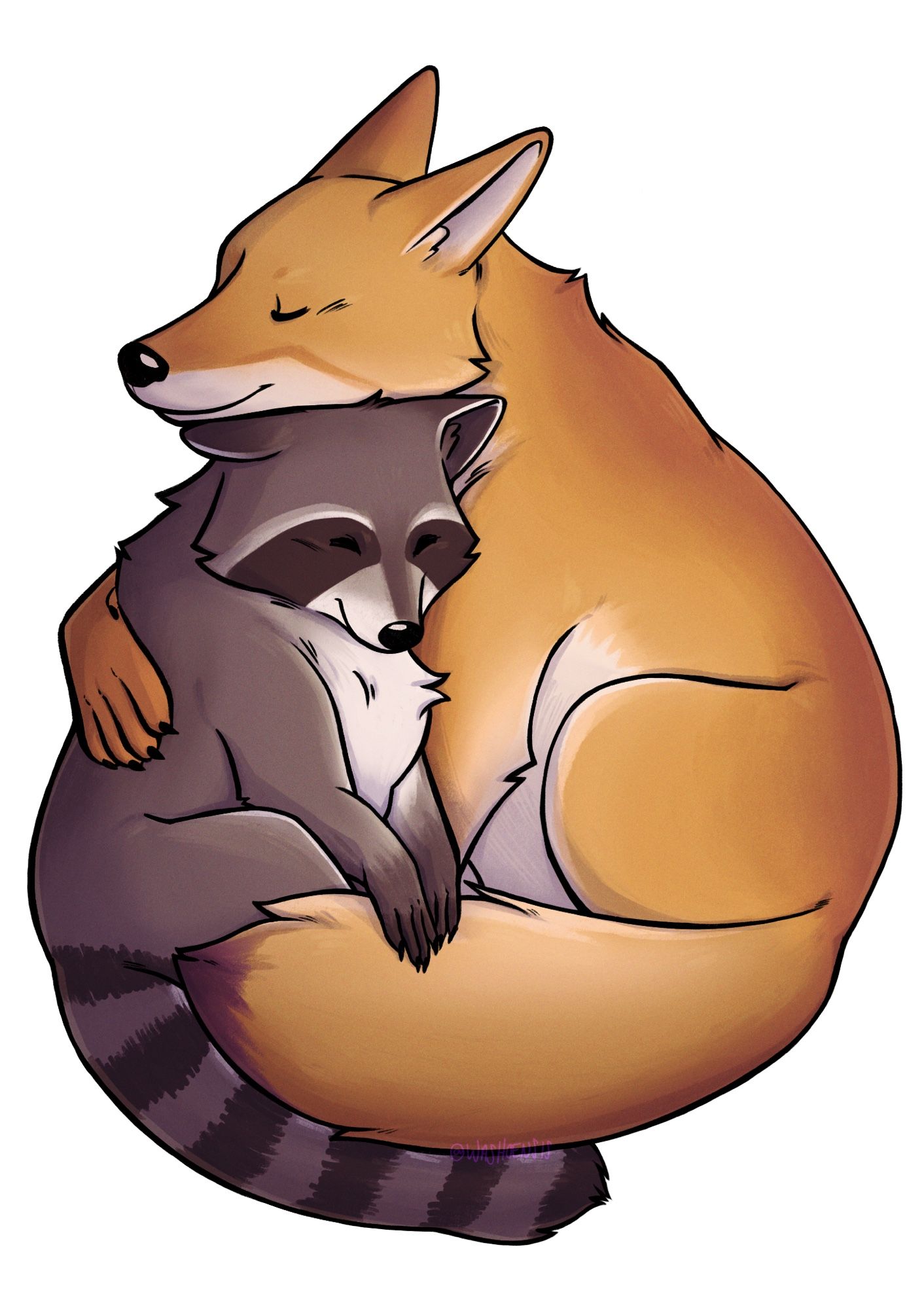 Digital drawing of a coyote and raccoon cuddling