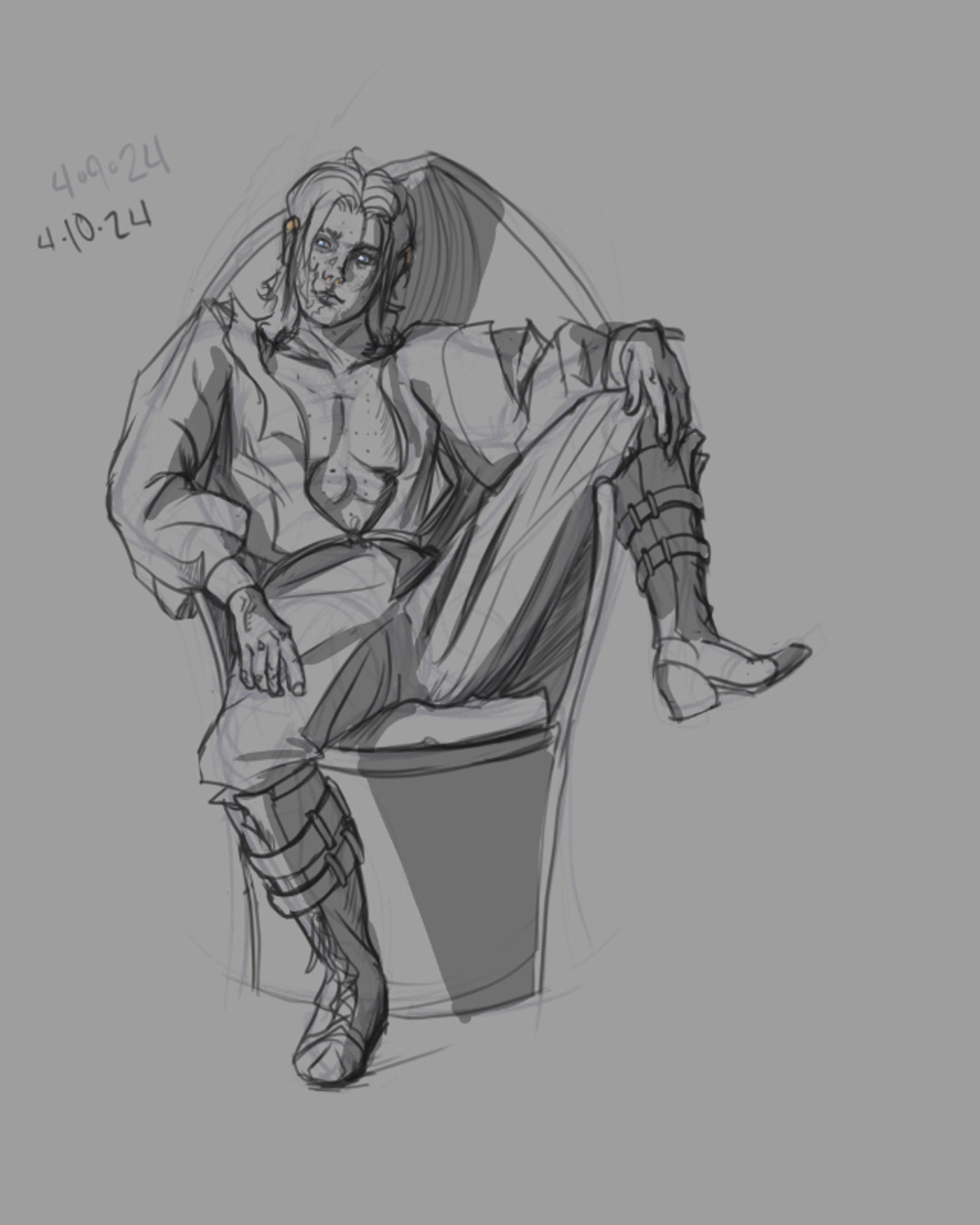 A sketch of my high elven gunslinger, sitting very bisexually (leaned to the side, one leg hooked over the arm rest, shirt billowed open provocatively).