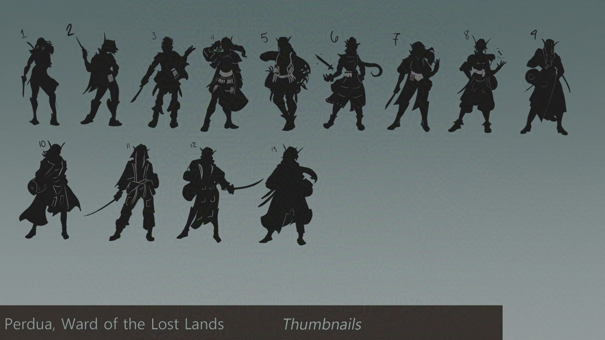 Silhouette thumbnails of Perdy's design