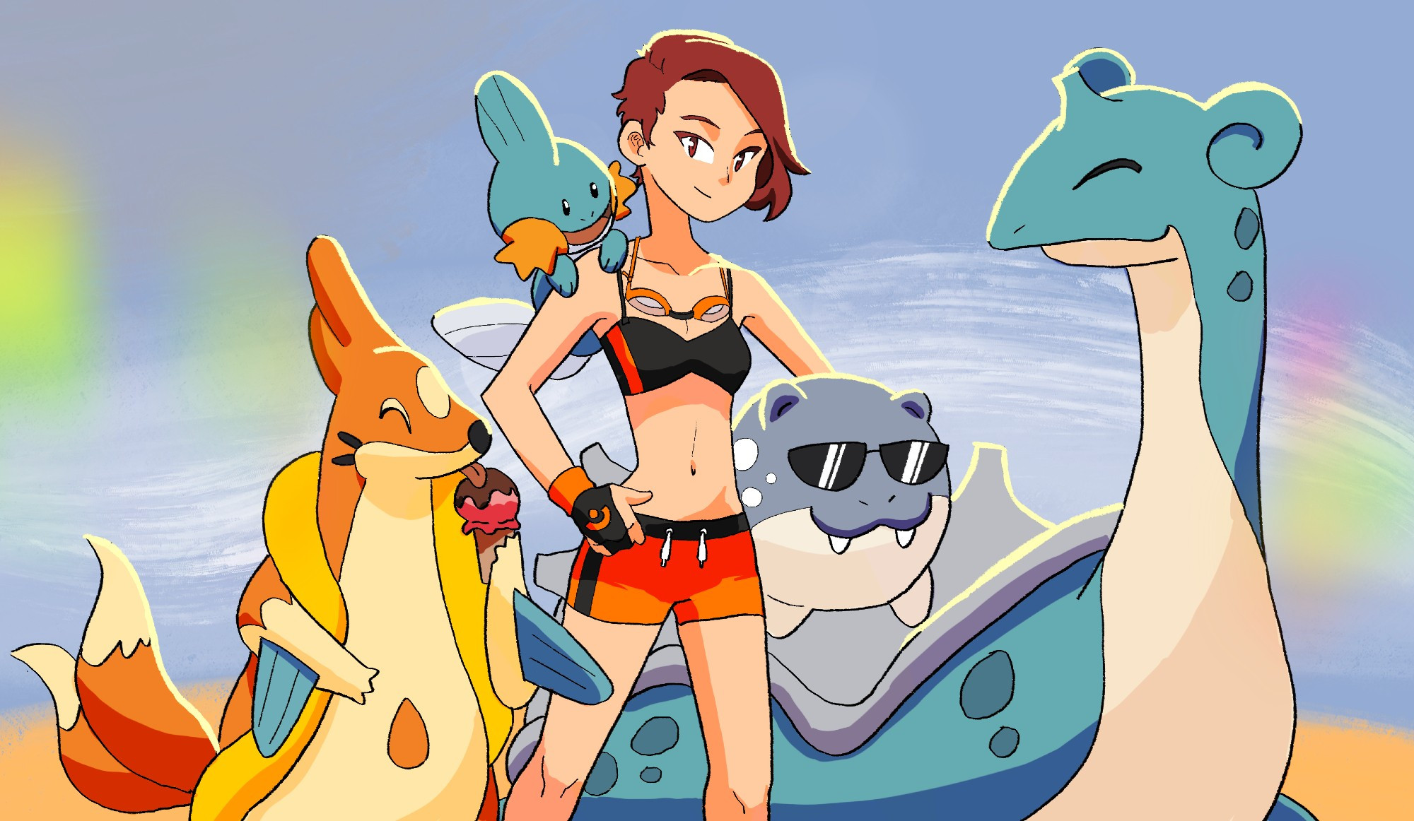 My character, Kaylee, with her chosen pokemon team (Lapras, Spheal, Floatzel, and Mudkip)