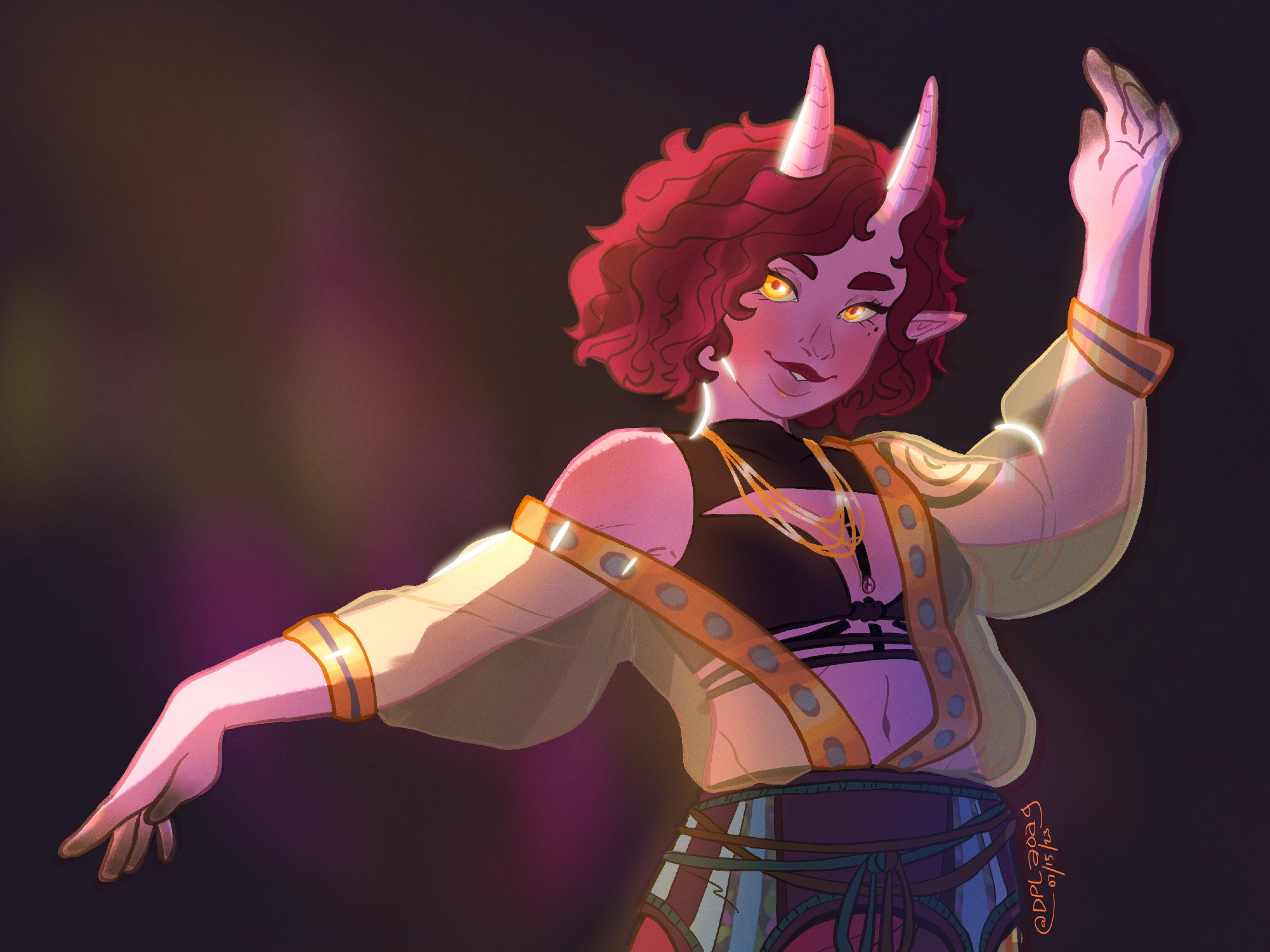 @peachparfait's tiefling wizard, Paisa, elegantly dancing in the tavern