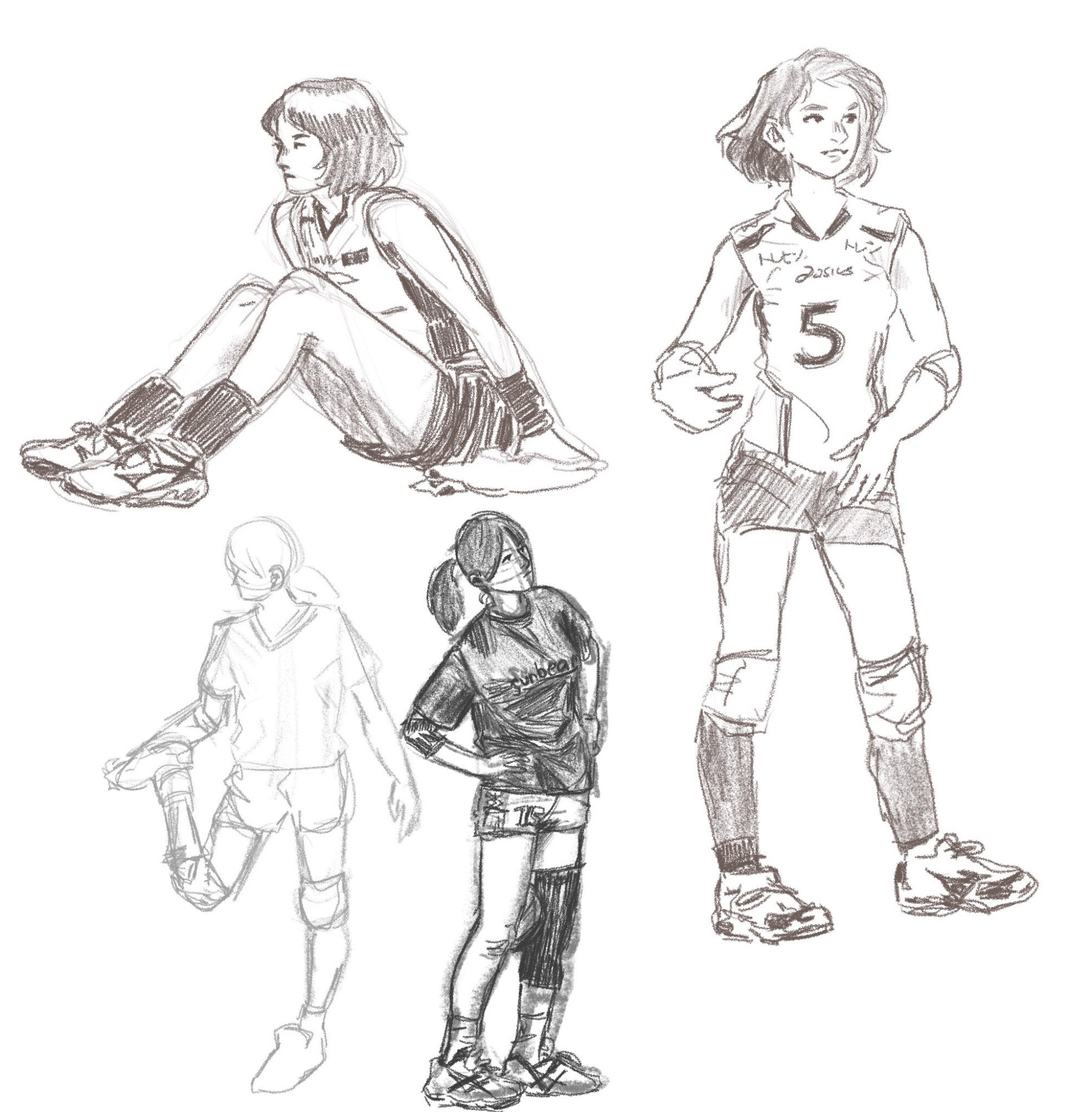 rough sketches of volleyball players stretching during a game