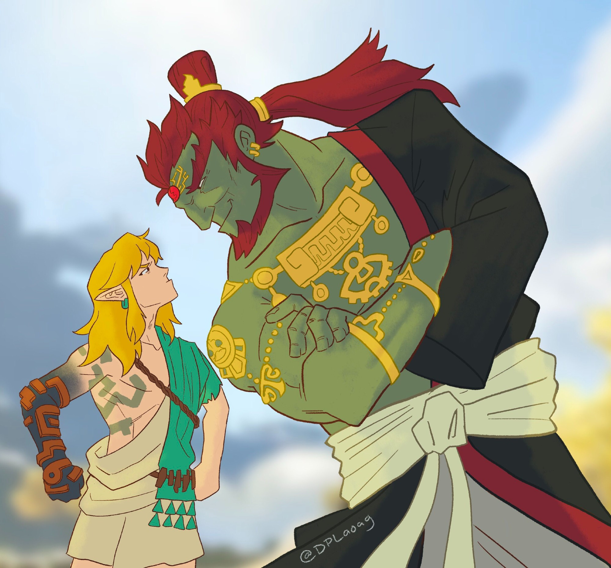 fanart of Tears of the Kingdom Ganondorf and Link in a faceoff