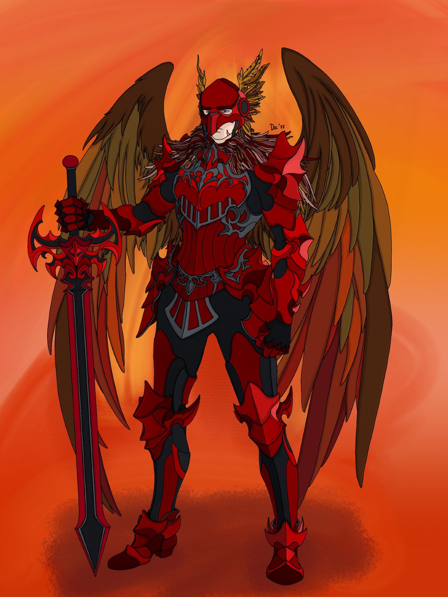 Picture of Rook posing with her armor and her great sword. The armor has a bird motif and is made out of red dragon scales and steel. She has her wings out.