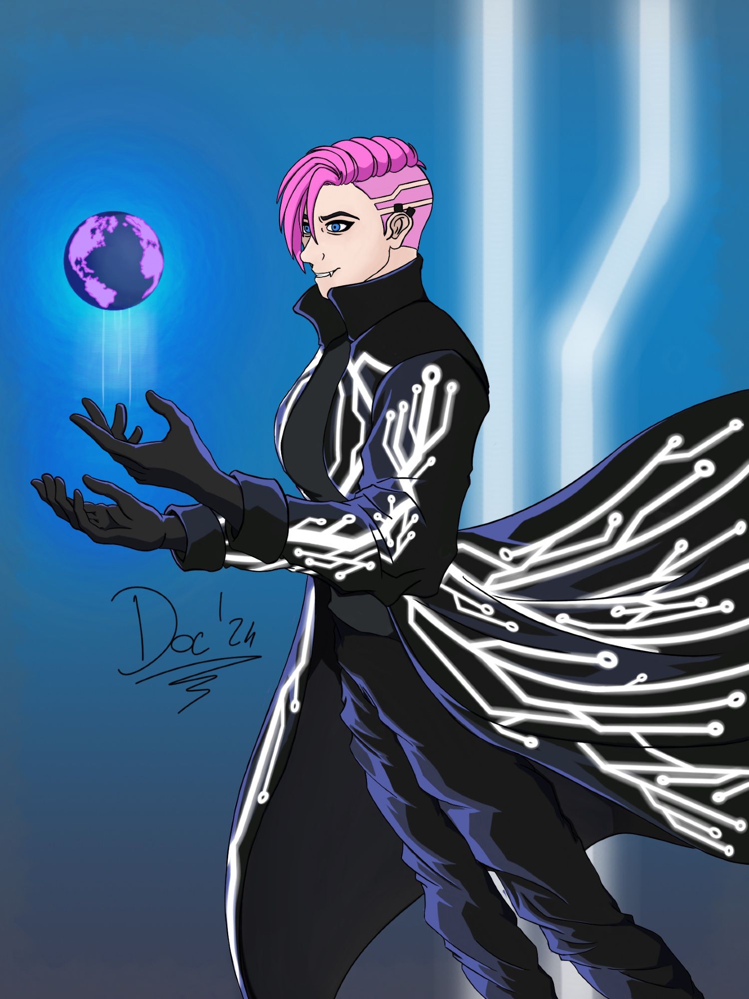 Picture of Willow from the side. She's floating in Cyberspace literally holding the world in her hands. She has pink hair in a sidecut and she's wearing a long black coat and black pants. The pattern on her coat is glowing.