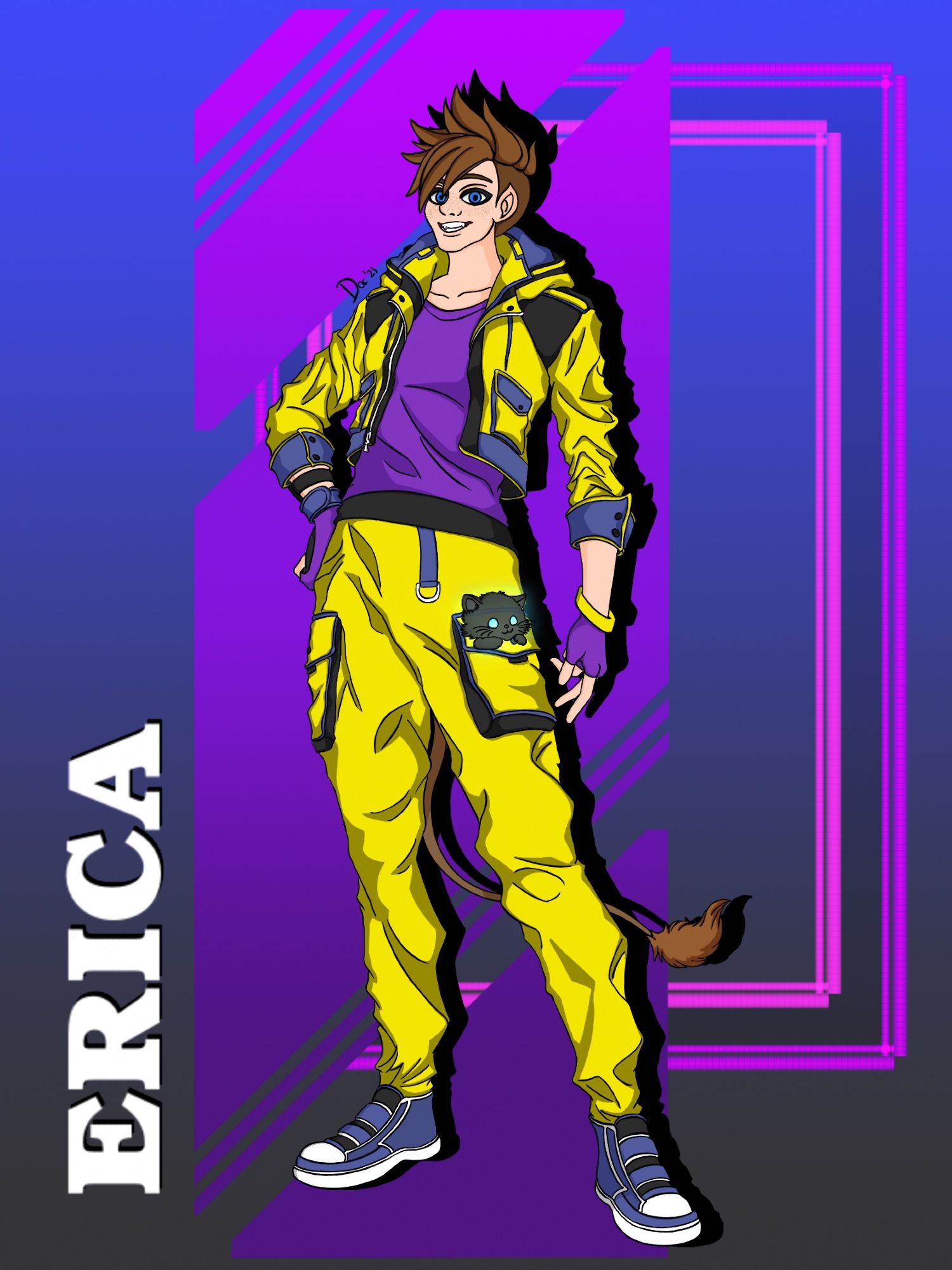 Picture of Erica from the front. She's a huldra, an elf with a cow tail. She's wearing her yellow sweatsuit, a purple tank top and blue shoes. Her ghost black kitten can be seen poking out her pants pocket.