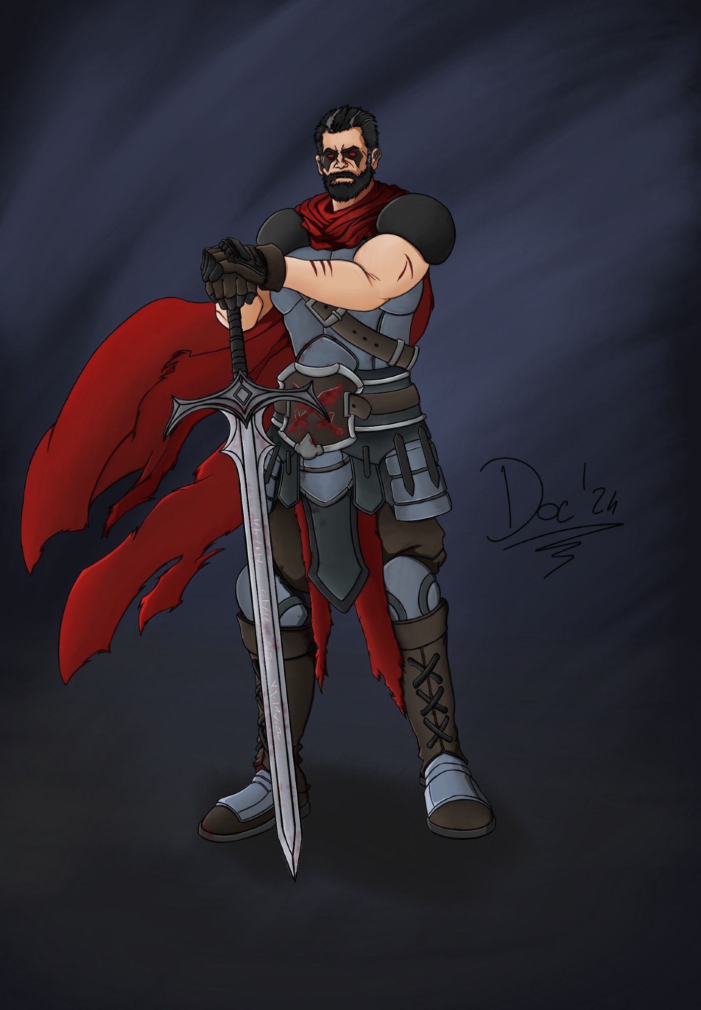 Art of War, the horseman of the apocalypse. He's posing in his steel armor with his sword before him against a dark blue and gray background. He has black hair and a thick beard with white streaks in them, face paint around his red eyes and cuts and scars on his face and arms. The insignia on his belt is two swords crossed together painted in blood. His red cape is torn to shreds.