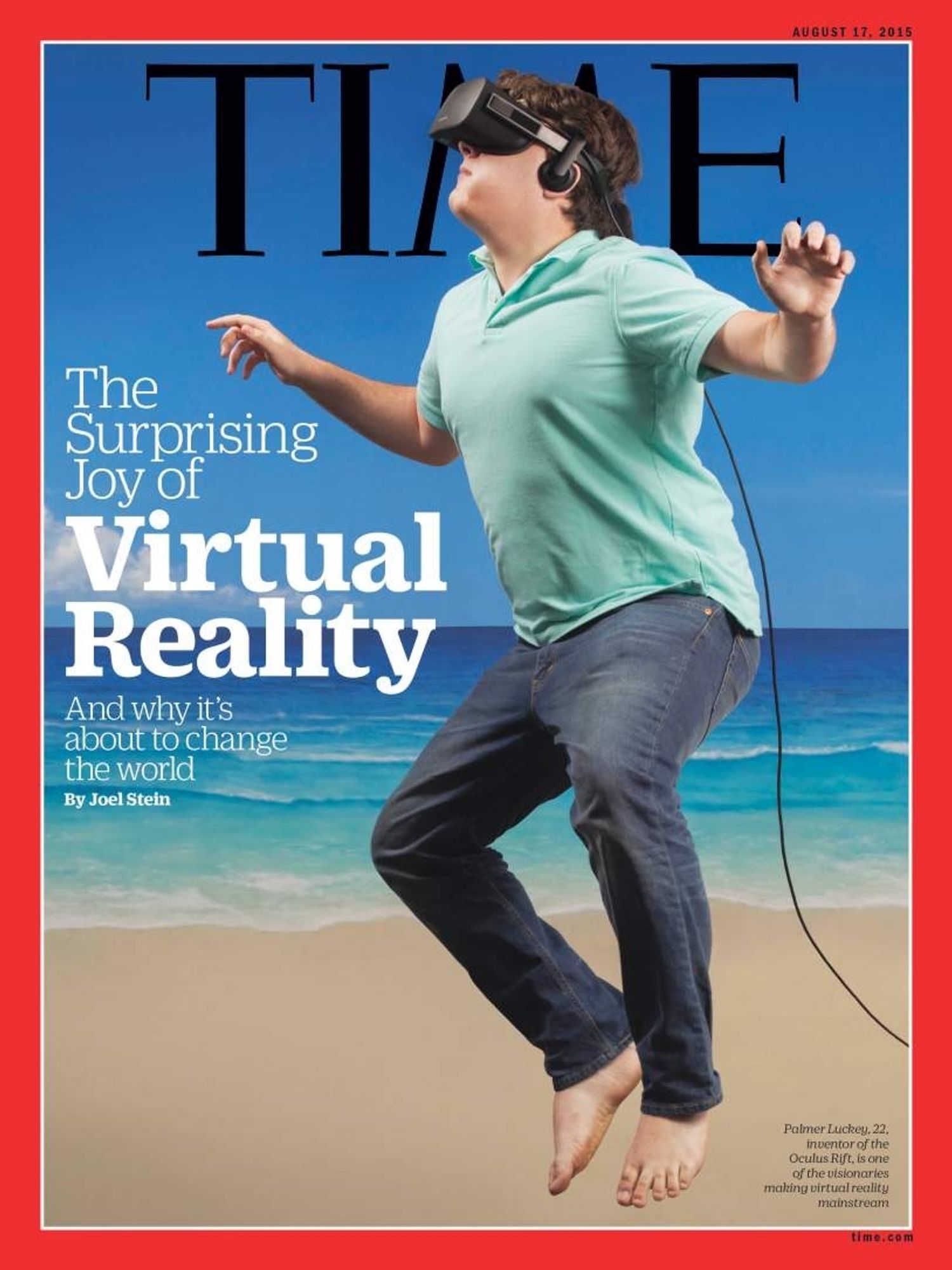 Palmer Lucky frolicking on a beach wearing a VR headset. He looks like a douche.