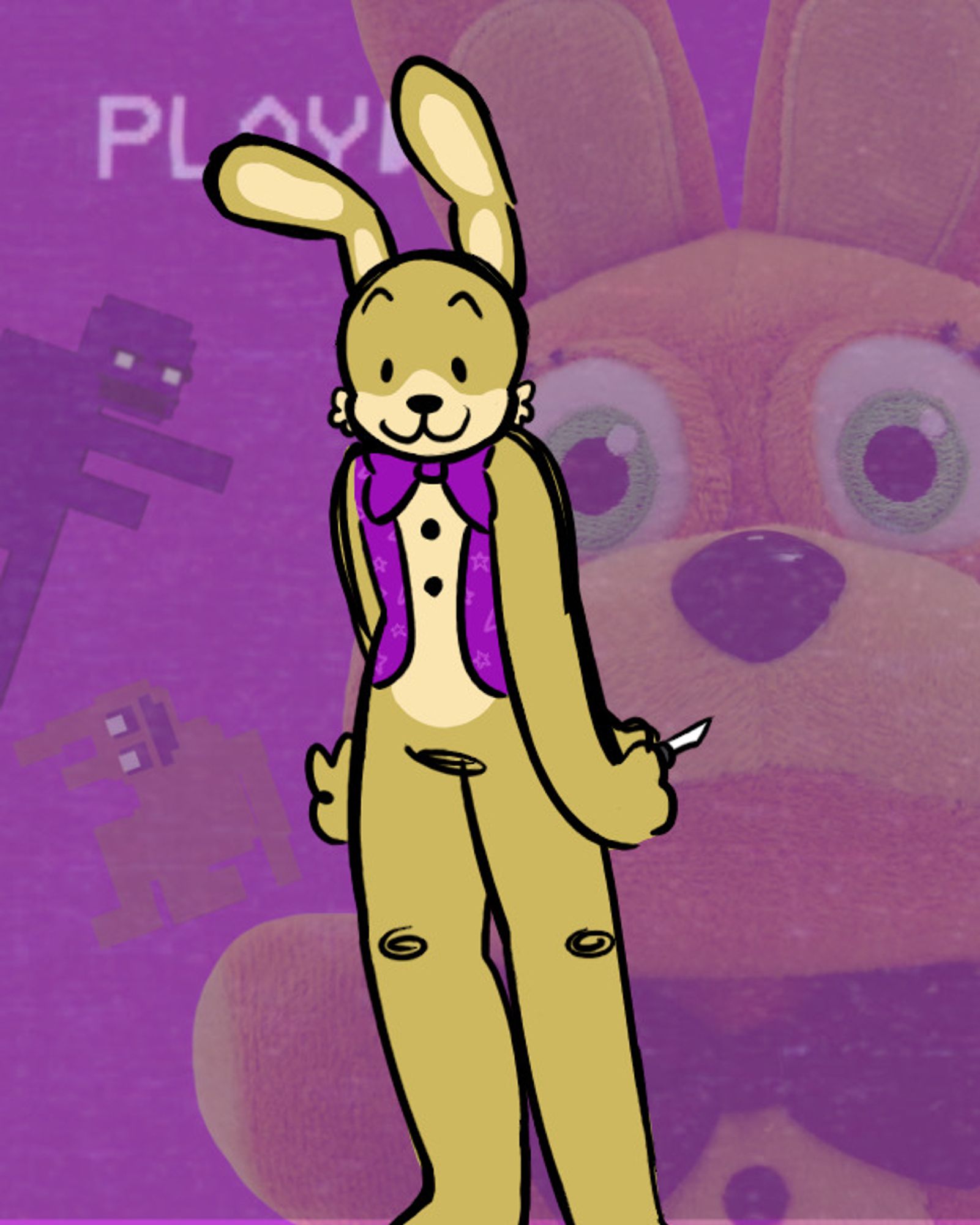 cartoon illustration of Glitch trap holding a knife behind his back. the background shows a low-opacity close-up of a Springbonnie plush as well as two William Afton game sprites.