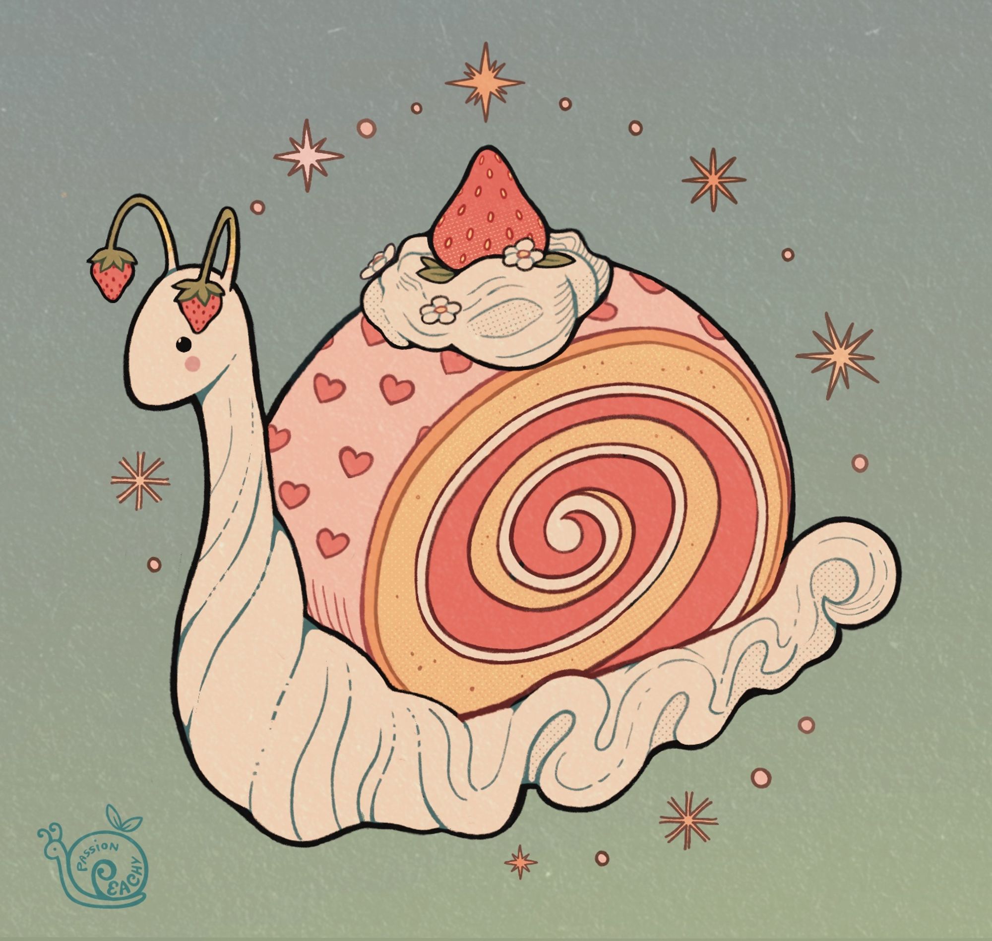 A snail made out of whip cream and a pink strawberry swiss roll with red heart patterns as a shell. It has small strawberry stems as antennae. A dollop of whip cream with a medium-sized strawberry and some white blossoms sits on top of its “shell”. The background is a gradient of teal and sea-foam green with yellow stars in a radial pattern around the snail. A watermark shaped like a snail that says “passionpeachy” sits on the bottom left corner.