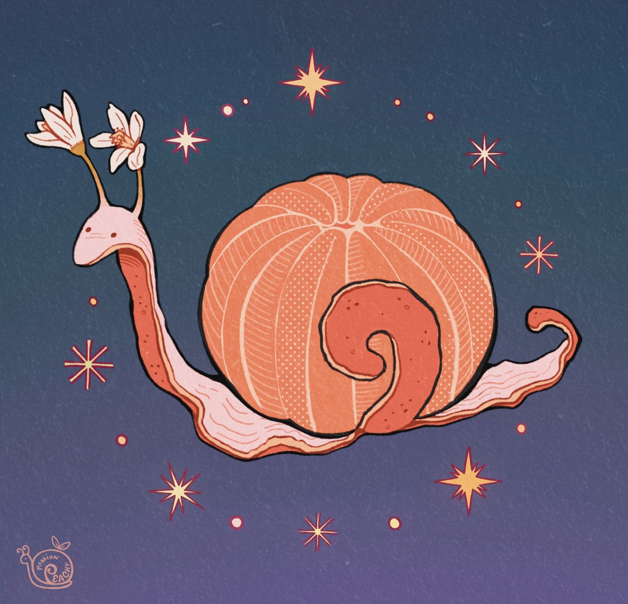 A snail made out of a tangerine with white blossoms for stalks. The background is dark blue with yellow stars in a radial pattern.