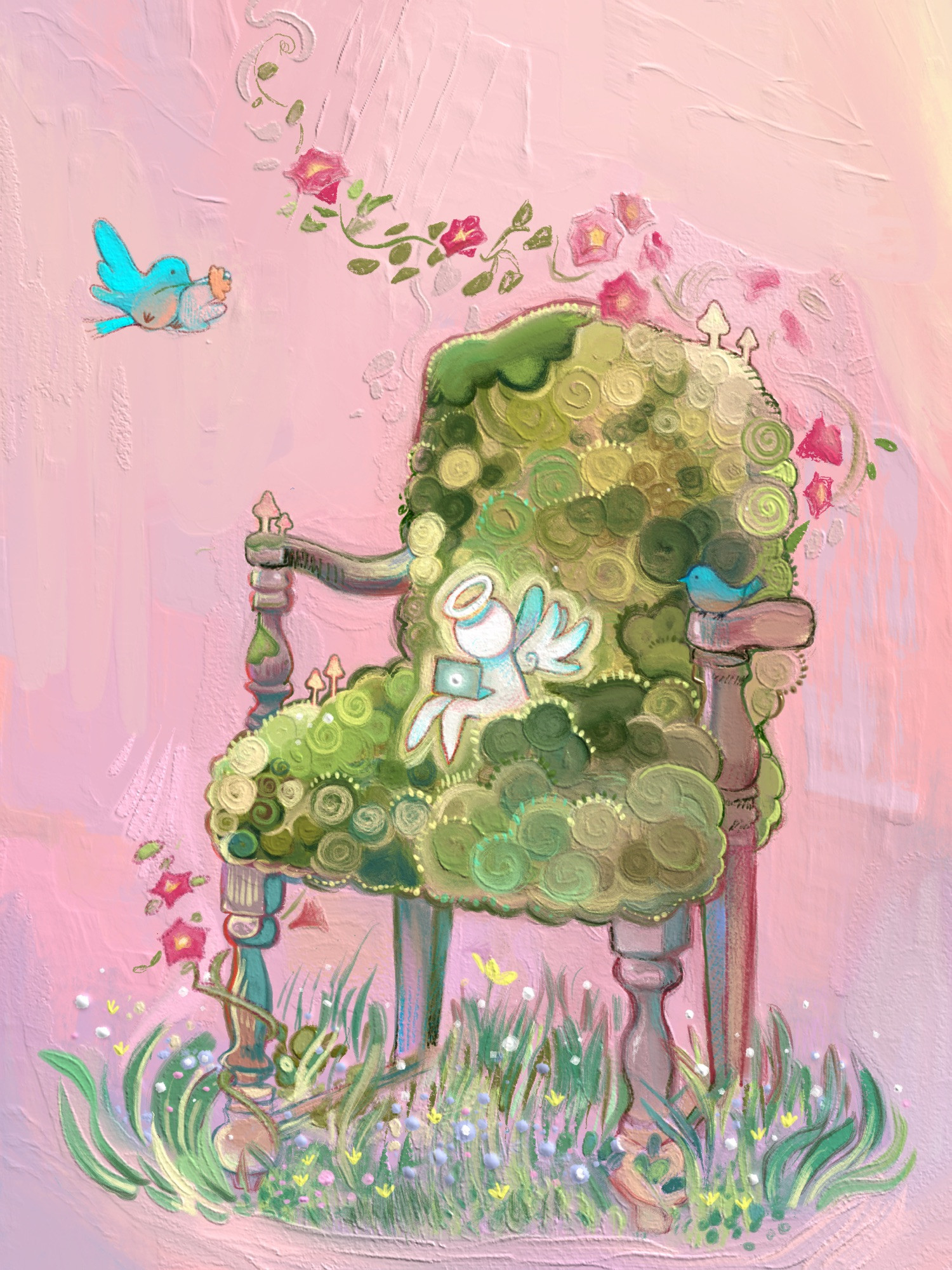 An angel sits on a moss-covered chair with a macbook on its lap. Overgrown grass and wildflowers wrap around the legs of the chair as two bluebird accompany the angel. The background is pastel pink.