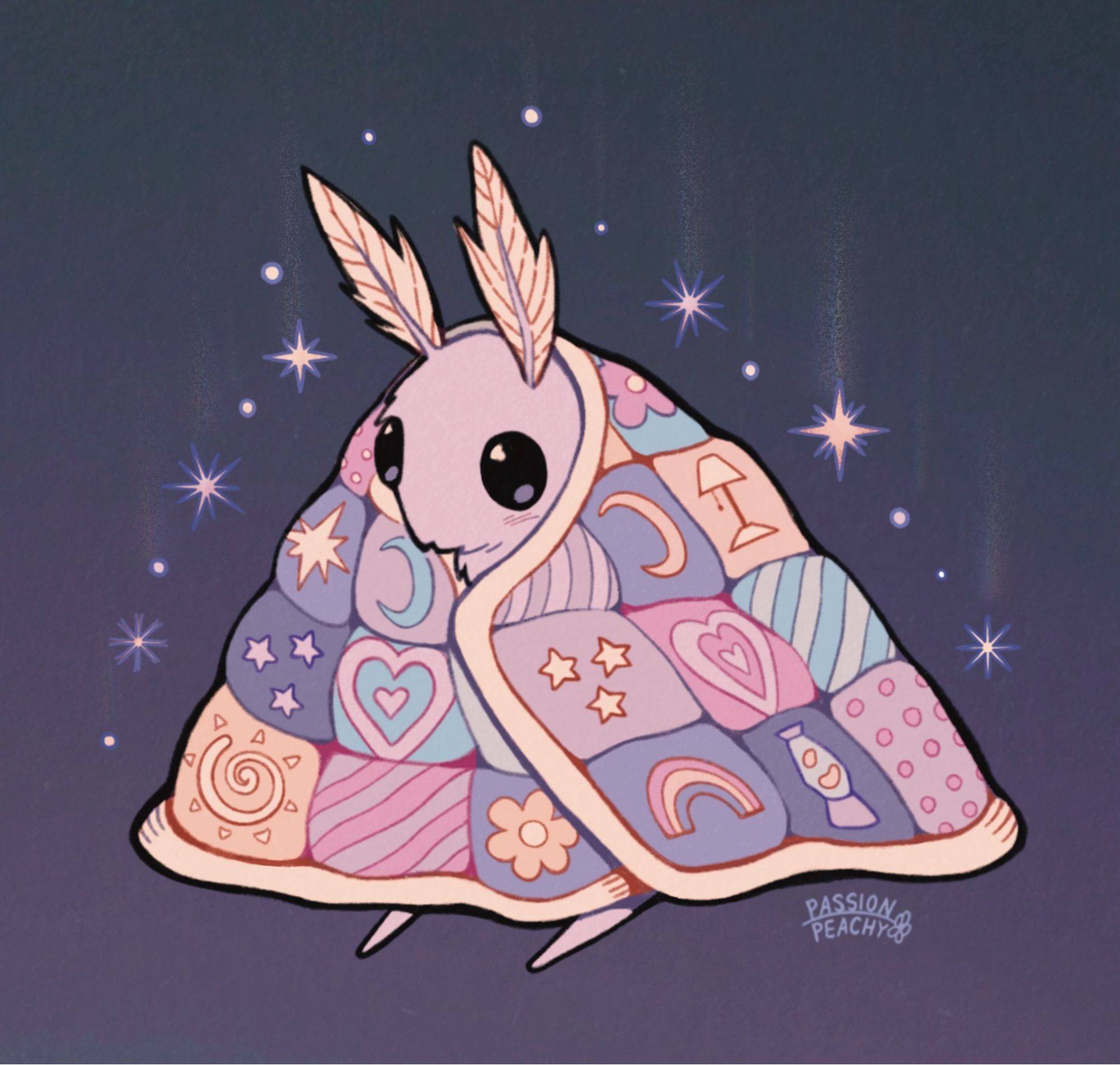 A pale moth with a quilt for wings. The quilt has patterns of hearts, celestial symbols, flowers, stripes, polka dots and lamps. The color pallete is pink, purple and blue with accents of yellow. The background is dark purple with purple stars as they streak the sky.