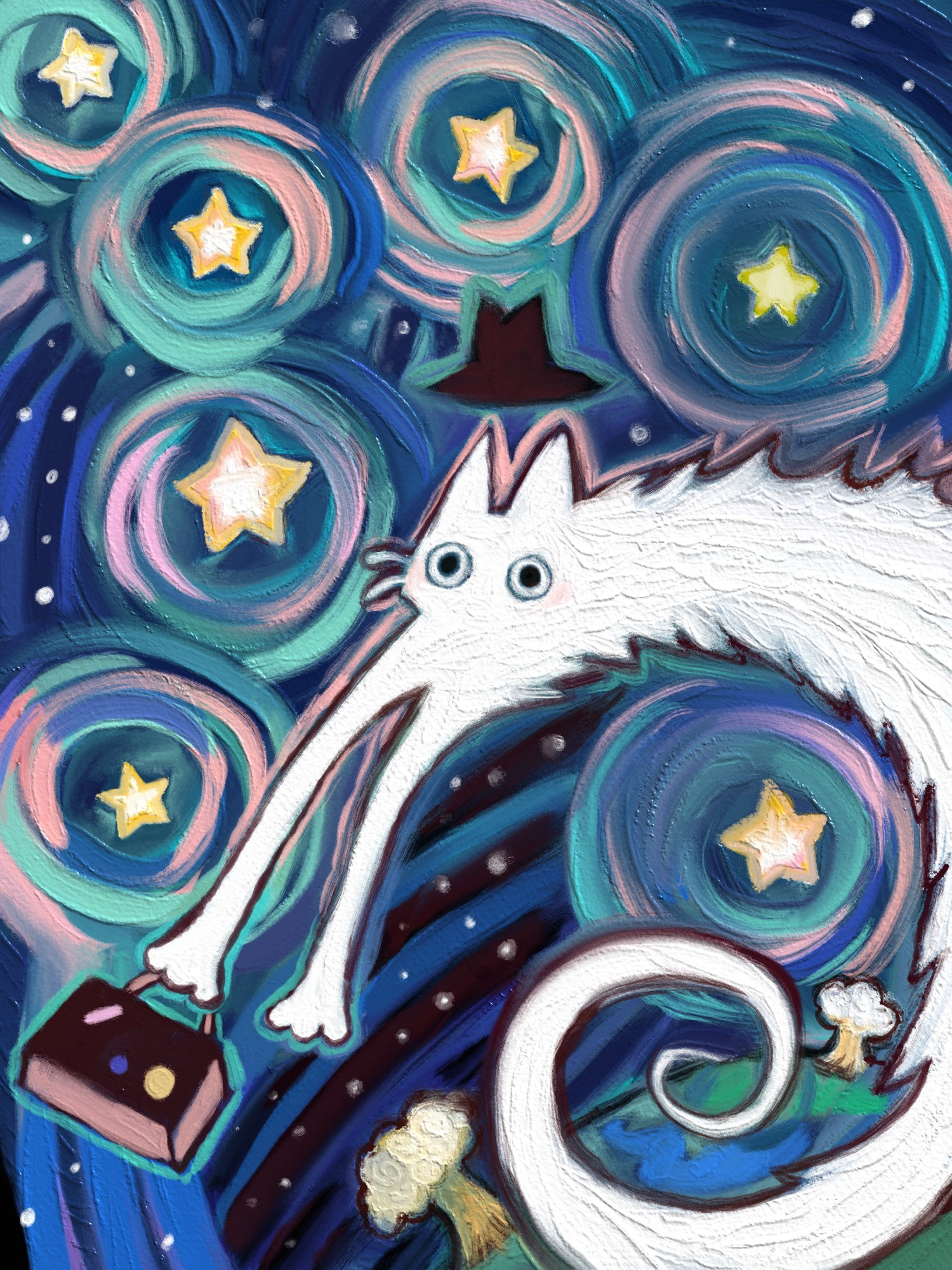 An extremely long white cat flies out into space with a hat and briefcase as several mushroom clouds erupt out of Earth. Several yellow stars glow and swirl in hues of pink and teal.