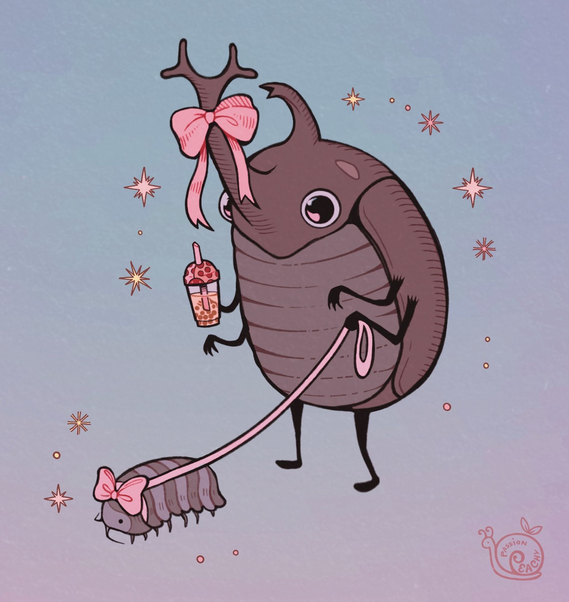 A rhino beetle with a pink bow tied to her front horn is walking her pet rollie pollie while carrying boba tea in a ladybug-shaped cup. The rollie pollie has a matching pink bow and pink leash. The background is a light gray-purple gradient with pale yellow stars surrounding them.