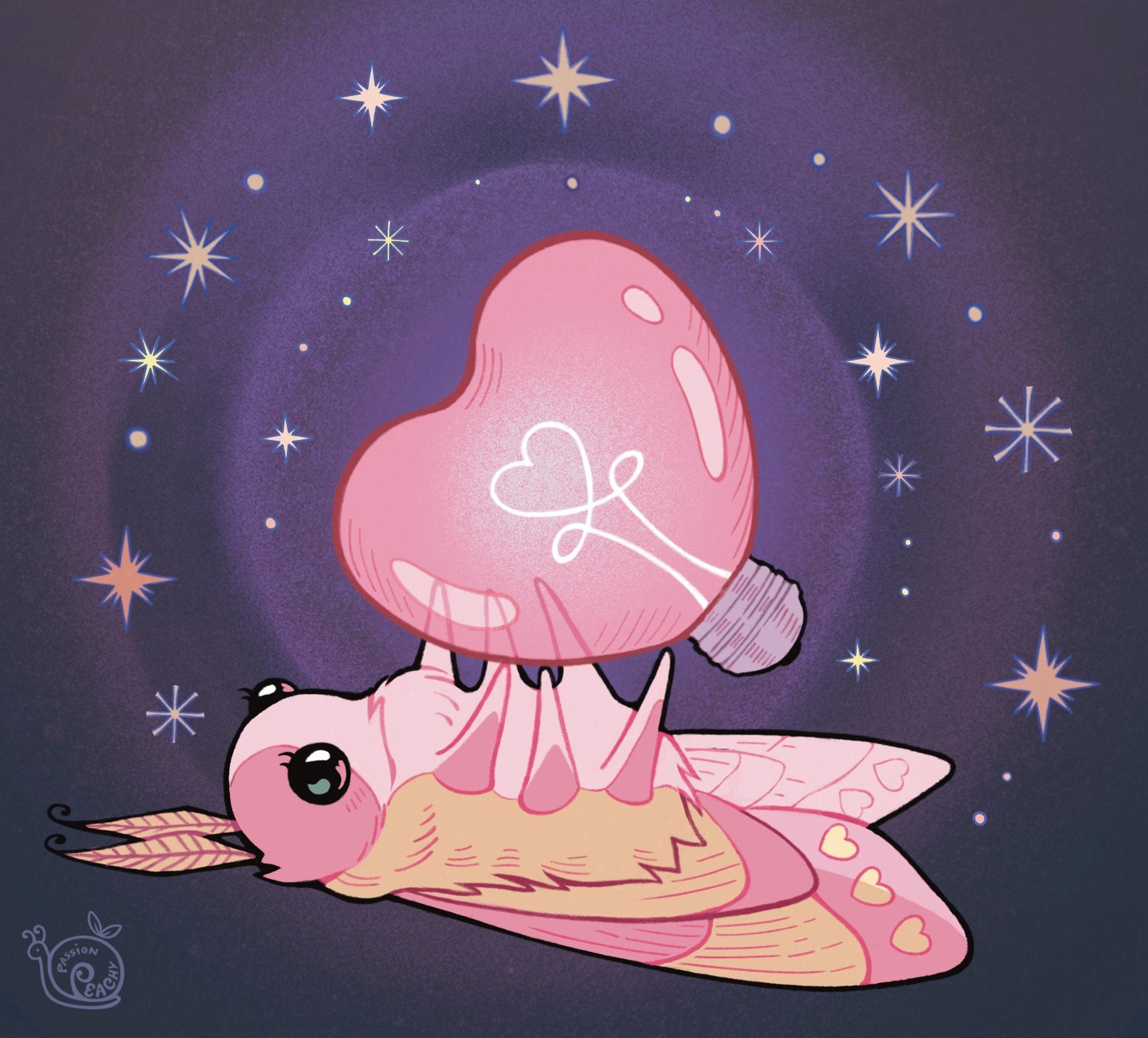 A pink lunar moth lays on their back holding up a pink heart-shaped lightbulb on their legs. It makes the scene glow while several stars surround the moth. The moth’s eyes sparkle.