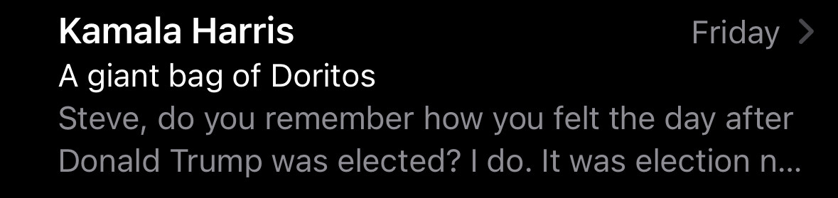 Email from Harris campaign with subject “A giant bag of Doritos”