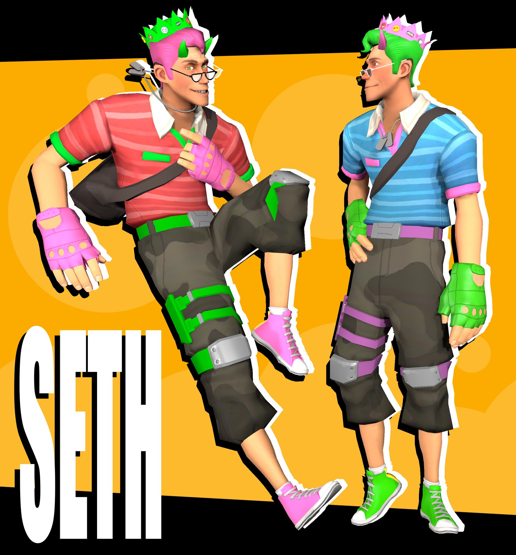 Scout Team Fortress 2, with pink and green accents, on a yellow background, with the male Seth in bold font.