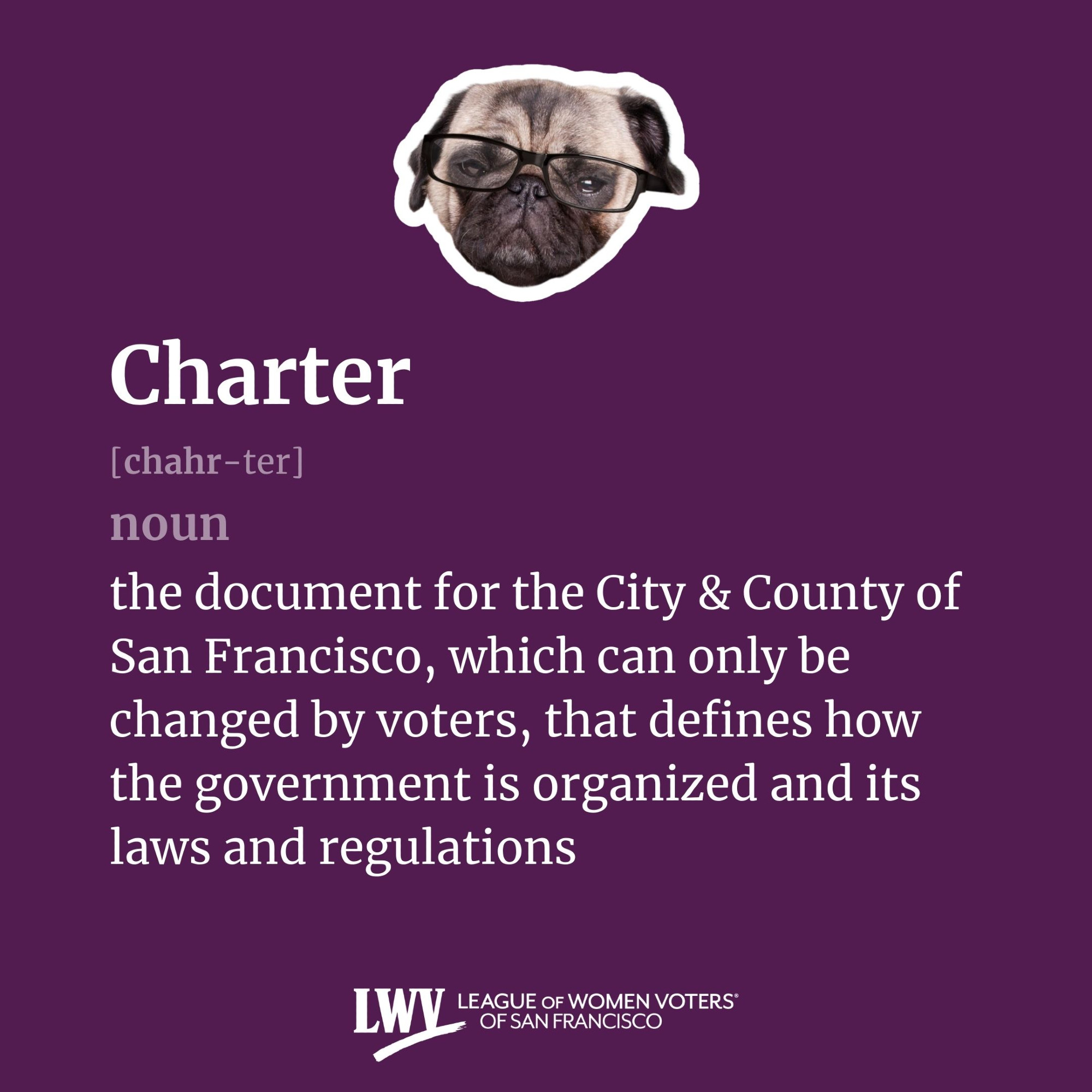 Charter, noun, the document for the City & County of San Francisco, which can only be changed by voters, that defines how the government is organized and its laws and regulations