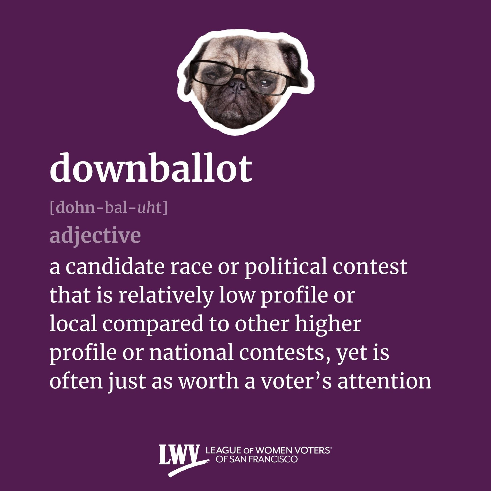 downballot, adjective, a candidate race or political contest that is relatively low profile or local compared to other higher profile or national contests, yet is often just as worth a voter’s attention