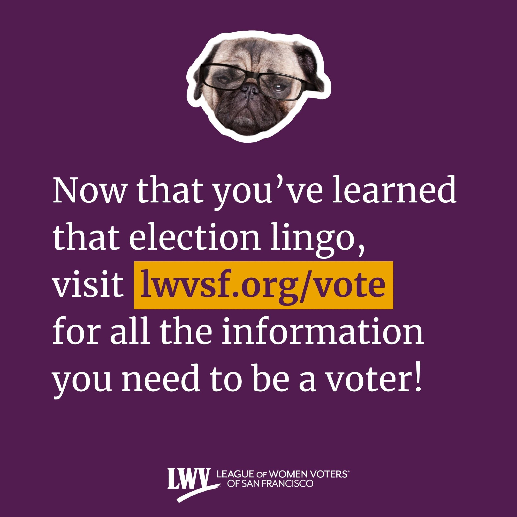 The pug's head hovers above text that says "Now that you’ve learned that election lingo, visit lwvsf.org/vote for all the information you need to be a voter! League of Women Voters of San Francisco