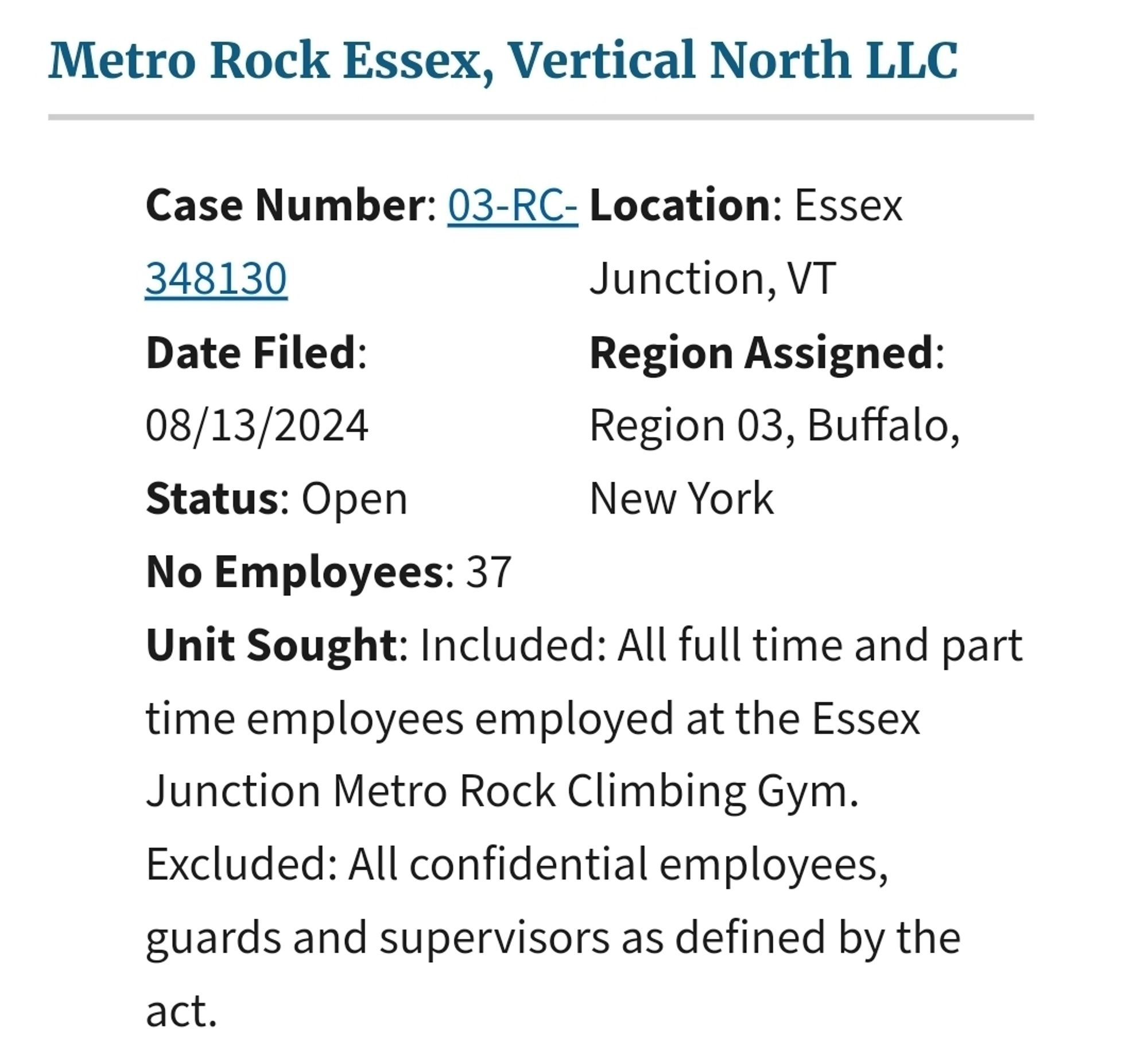 Pictured is a filing from the National Labor Relations Board website showing a petition for certification of a labor organization as the representative of a collective bargaining unit. The employer is Metro Rock Essex, Vertical North LLC located in Essex Junction, Vermont. There are 37 employees in the proposed bargaining unit made up of All full time and regular part time employees.