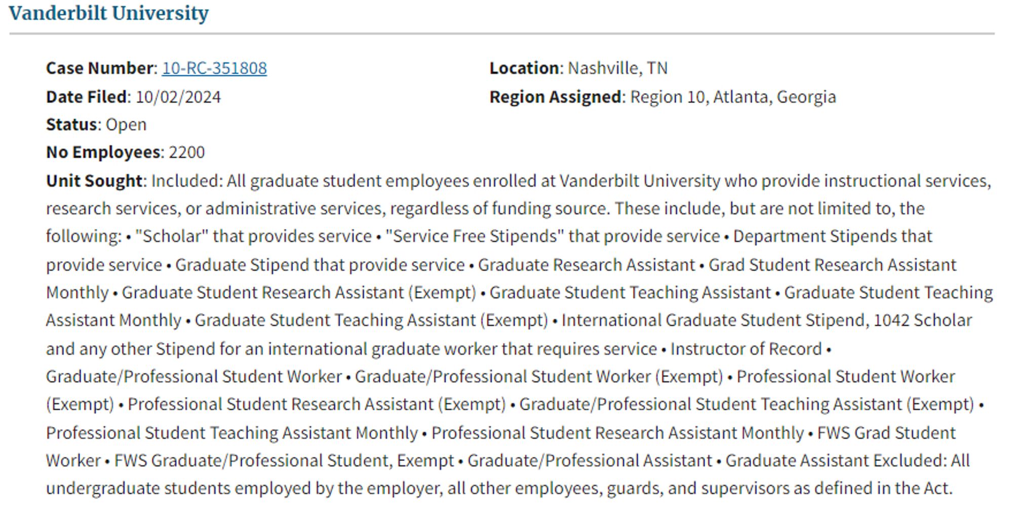 Pictured is a filing from the National Labor relations Board website showing a petition for certification of a labor organization as the representative of a collective bargaining unit.  The employer is Vanderbilt University located in Nashville, Tennessee.  There are 2,200 employees in the proposed bargaining unit made up of All graduate student employees enrolled at Vanderbilt University who provide instructional services, research services, or administrative services, regardless of funding source. These include, but are not limited to, the following: • "Scholar" that provides service • "Service Free Stipends" that provide service • Department Stipends that provide service • Graduate Stipend that provide service • Graduate Research Assistant • Grad Student Research Assistant Monthly • Graduate Student Research Assistant (Exempt) • Graduate Student Teaching Assistant • Graduate Student Teaching Assistant Monthly • Graduate Student Teaching Assistant (Exempt) • and more.