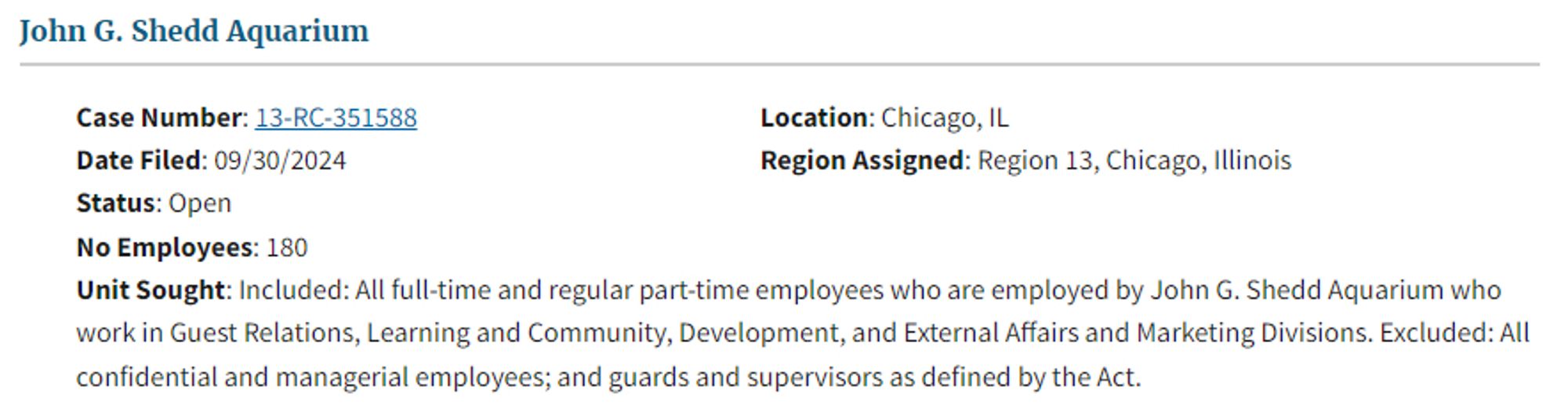 Pictured is a filing from the National Labor Relations Board website showing a petition for certification of a labor organization as the representative of a collective bargaining unit.  The employer is John G. Shedd Aquarium located in chicago, Illinois.  there are 180 employees in the proposed bargaining unit made up of all full time and regular part time employees who are employed by the John g. Shredd Aquarium who work in Guest Relations, Learning and Community, Development, and External Affairs and MArketing Divisions.