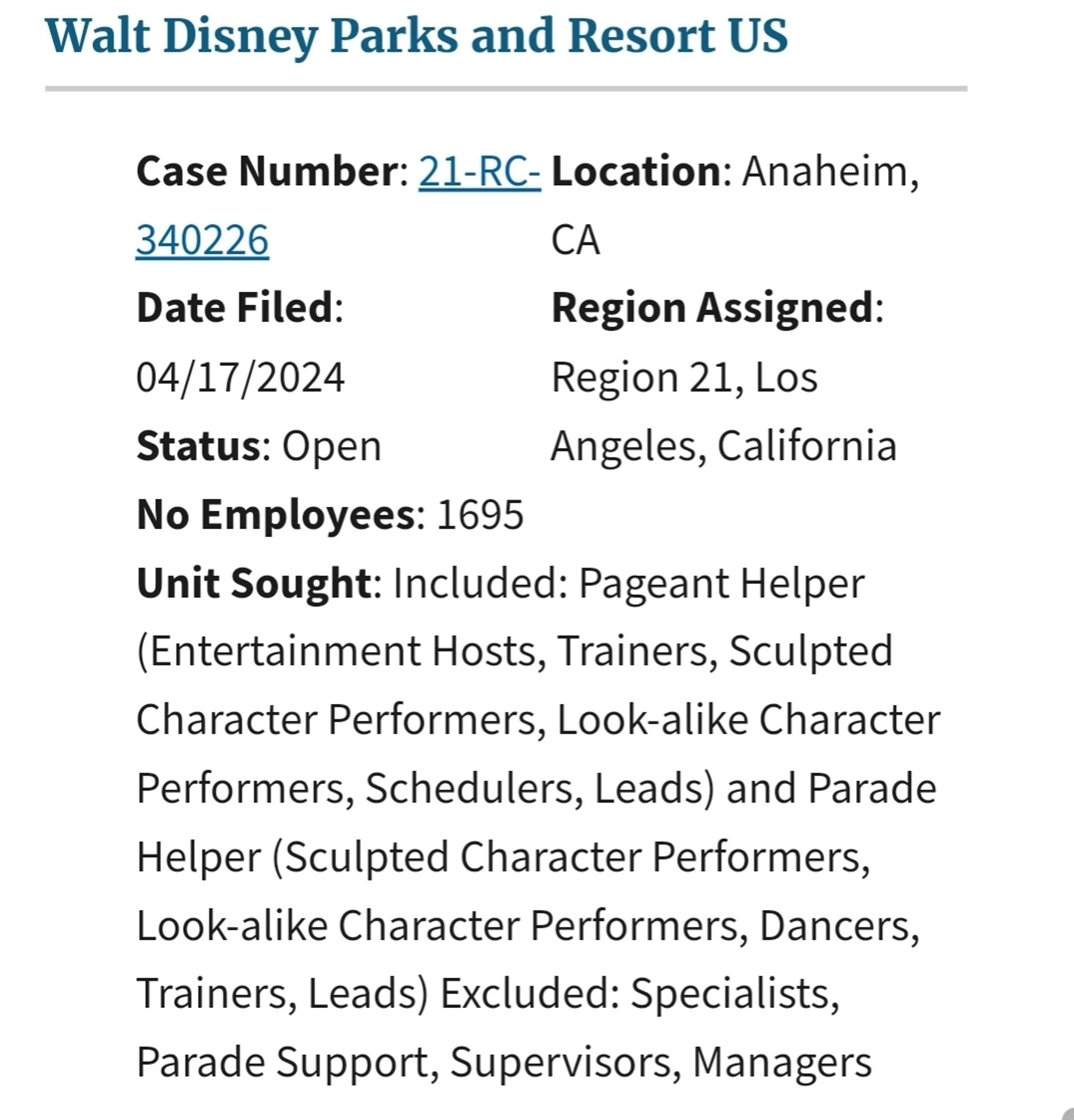 Pictured is a filing from the National Labor Relations Board website showing a petition for certification of a labor organization as the representative of a collective bargaining unit. The employer is Walt Disney Parks and Resort US located in Anaheim, California. There are 1,695 employees in the proposed bargaining unit made up of Pageant Helper (Entertainment Hosts, Trainers, Sculpted Character Performers, Look-alike Character Performers, Schedulers, Leads) and Parade Helper (Sculpted Character Performers, Look-alike Character Performers, Dancers, Trainers, Leads) Excluded: Specialists, Parade Support, Supervisors, Managers