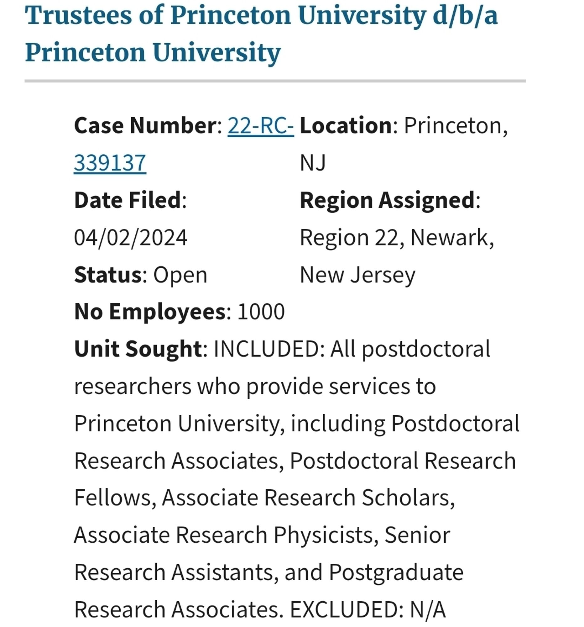 Pictured is a filing from the National Labor Relations Board website showing a petition for certification of a labor organization as the representative of a collective bargaining unit. The employer is Trustees of Princeton University doing business as Princeton University. There are 1000 employees in the proposed bargaining unit made up of All postdoctoral researchers who provide services to Princeton University, including Postdoctoral Research Associates, Postdoctoral Research Fellows, Associate Research Scholars, Associate Research Physicists, Senior Research Assistants, and Postgraduate Research Associates.