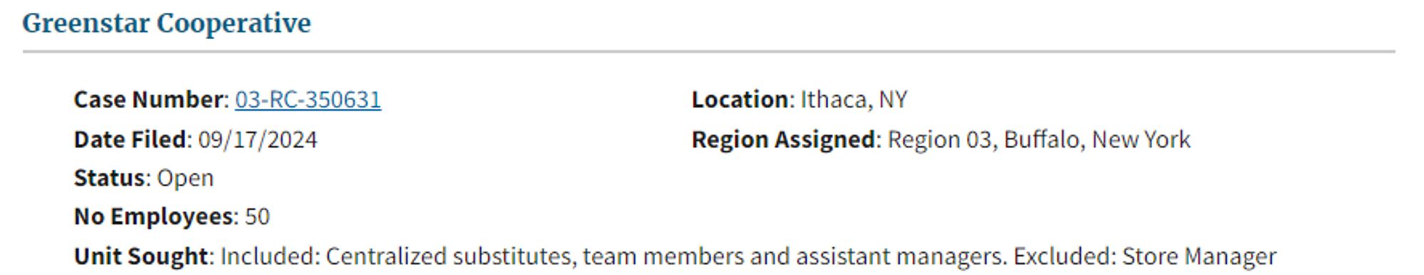 Pictured is a filing from the National Labor Relations Board website showing a petition for certification of a labor organization as the representative of a collective bargaining unit.  The employer is Greenstar Cooperative located in Ithaca, New York.  There are 50 employees in the proposed bargaining unit made up of centralized substitutes, team members, and assistant managers.