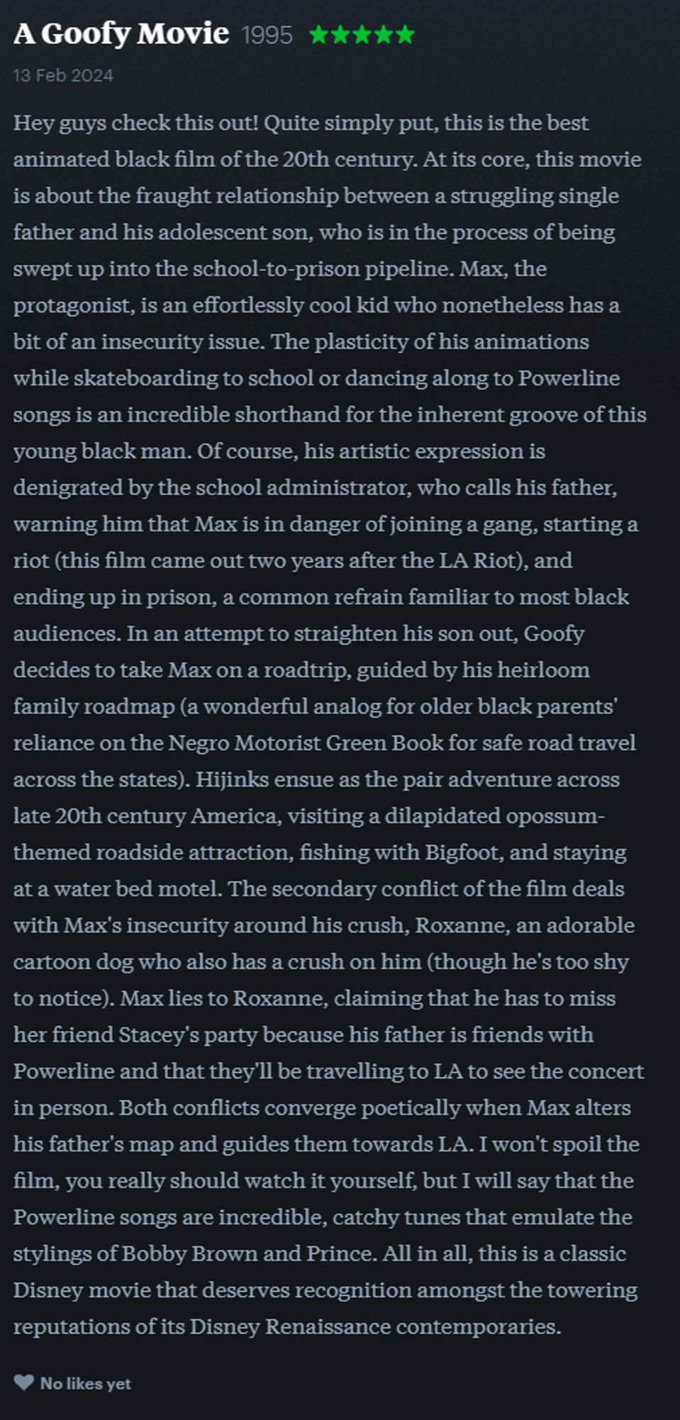 📽️ screenshot of my letterboxd review for A GOOFY MOVIE (1995)