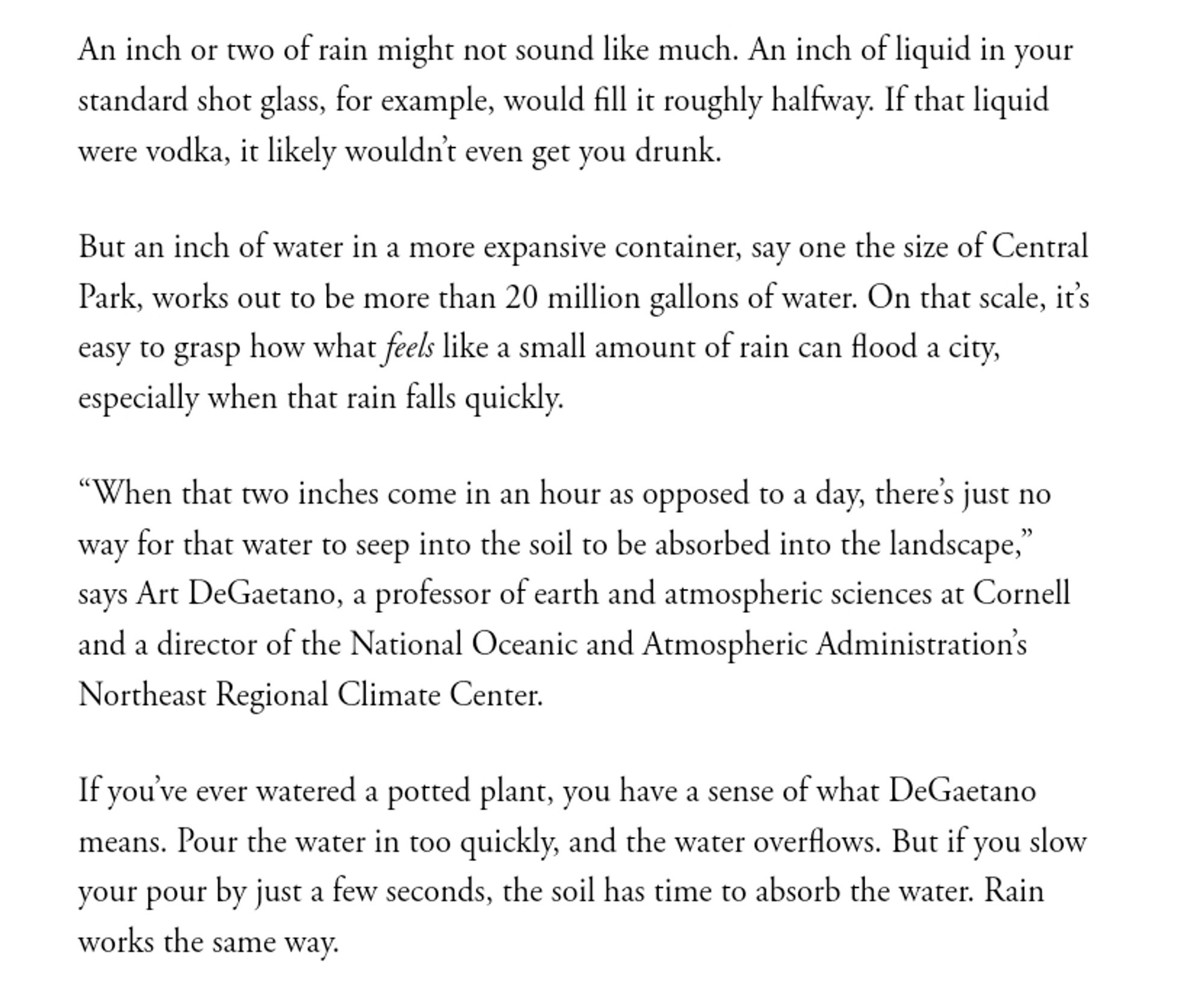 An inch or two of rain might not sound like much. An inch of liquid in your standard shot glass, for example, would fill it roughly halfway. If that liquid were vodka, it likely wouldn’t even get you drunk.
But an inch of water in a more expansive container, say one the size of Central Park, works out to be more than 20 million gallons of water. On that scale, it’s easy to grasp how what feels like a small amount of rain can flood a city, especially when that rain falls quickly.
“When that two inches come in an hour as opposed to a day, there’s just no way for that water to seep into the soil to be absorbed into the landscape,” says Art DeGaetano, a professor of earth and atmospheric sciences at Cornell and a director of the National Oceanic and Atmospheric Administration’s Northeast Regional Climate Center.
If you’ve ever watered a potted plant, you have a sense of what DeGaetano means. Pour the water in too quickly, and the water overflows. But if you slow your pour by just a few