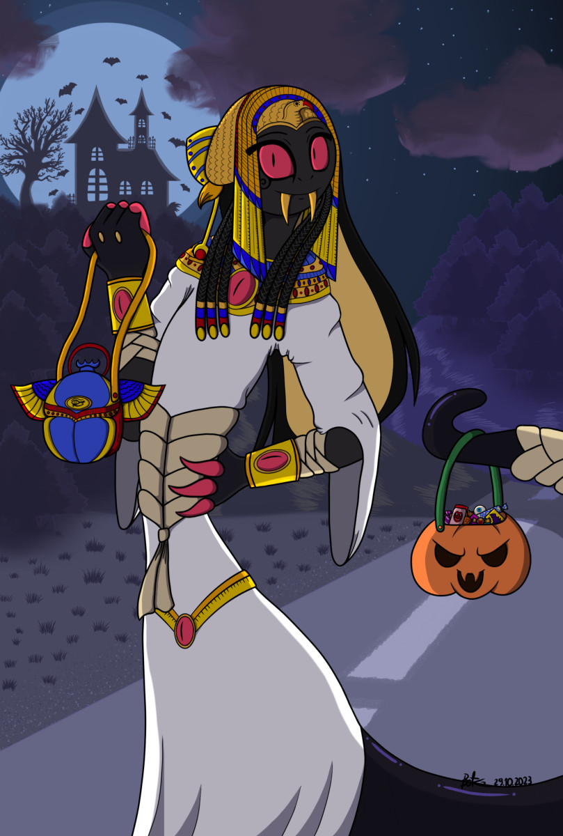 Hazbin Hotel character, Sir Pentious, wearing intricate pharaoh / mummy Halloween costume, stands in the middle of nowhere by the road nearby forest at night while holding plenty of sweets in his pumpkin - shaped bucket