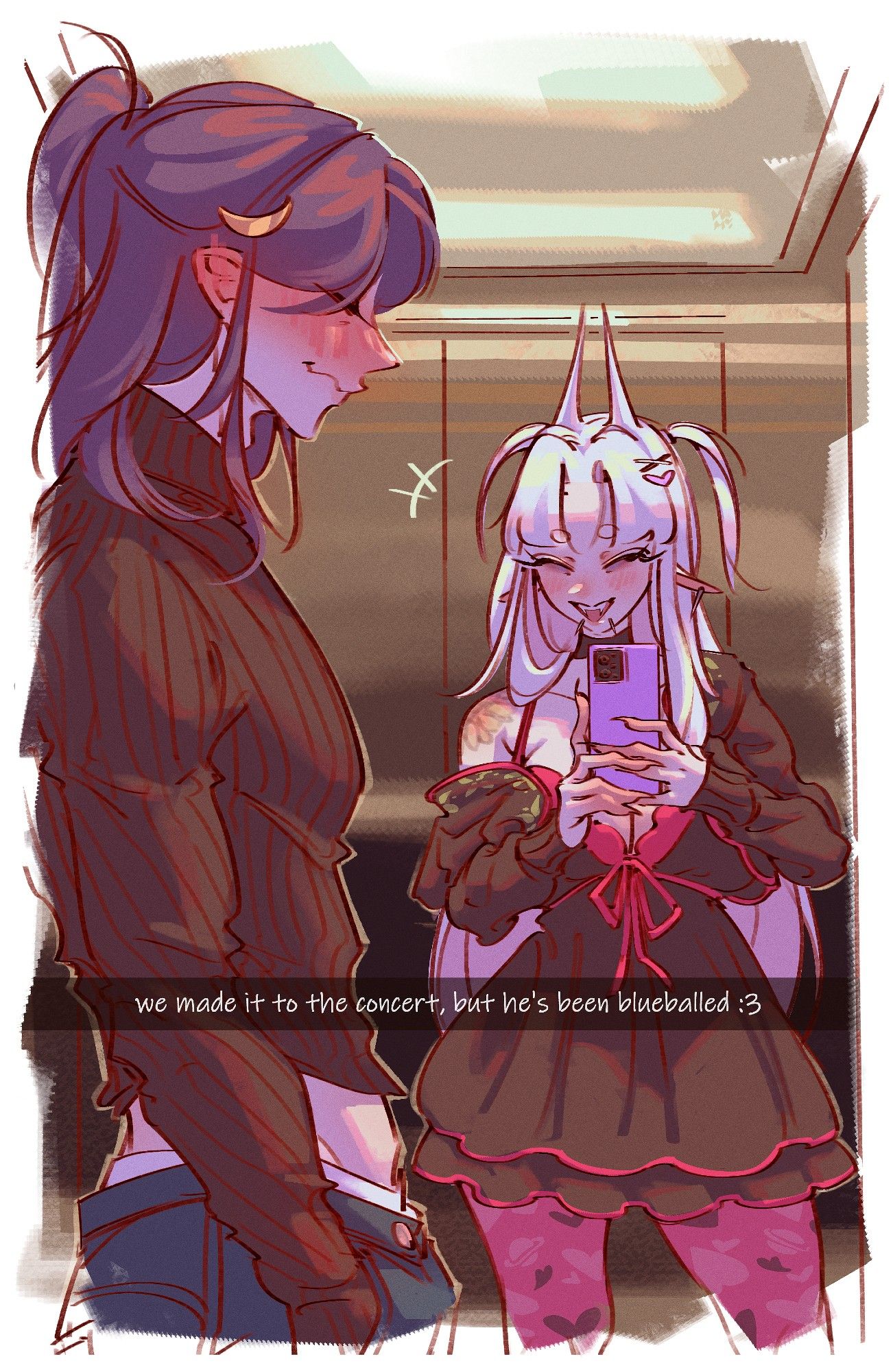 Mami and Yoru in an elevator snapchat selfie, he is blushing furiously while she laughs at their situation. she captions the snap with "we made it to the concert, but he's been blueballed :3"