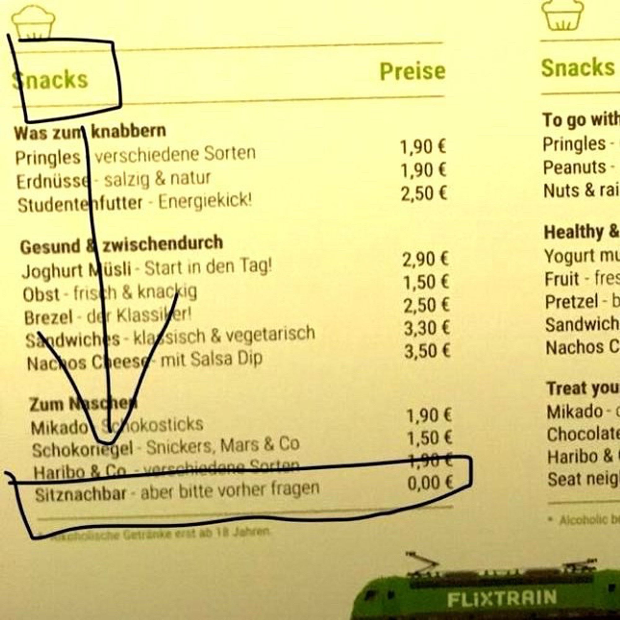 It's a photograph of a Flixtrain dining menu wherein some snacks are listed. The English has been mostly cropped out, but highlighted is one German option in particular.

"Sitznachbar – aber bitte vorher fragen" for zero euros.