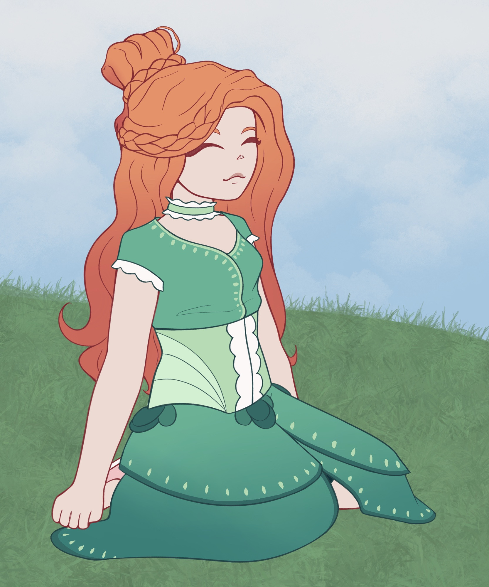 ginger long haired girl in a mid length green dress sitting enjoying the grass quite contently. not my oc :p