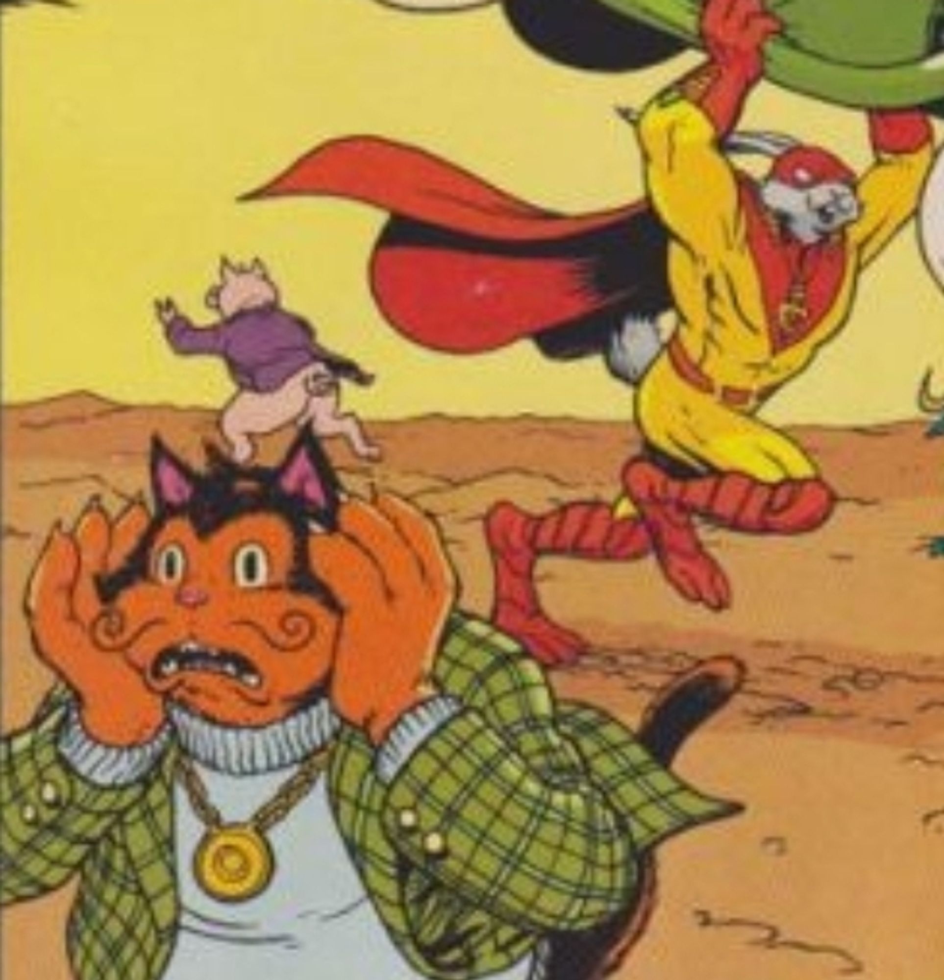 Close up of the Captain Carrot variant cover  of Multiversity #1 homaging Acrion Comics #1.  In the top right corner, Captain Carrot lifts a car over his head.  Behind Captain Carrot is a pantsless pig facing away.  In the bottom right corner is a black and orange cat with his hands to his face.