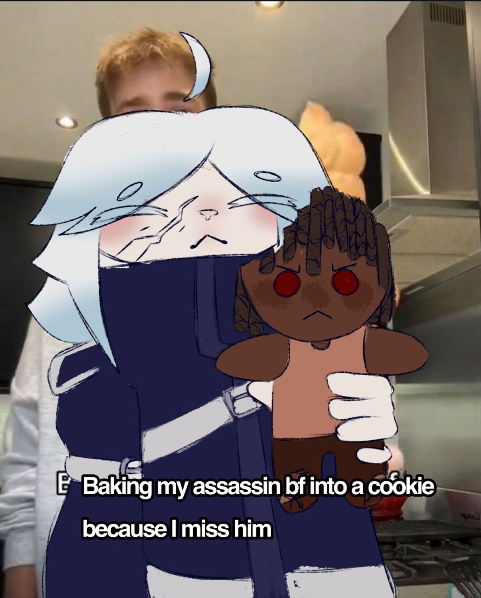 Minha oc de Min3cr4ft J0rnad4 Eros segurando um cookie no formato do mj!f3u, com a legenda “assando meu namorado assassino como um biscoito porque eu sinto falta dele”